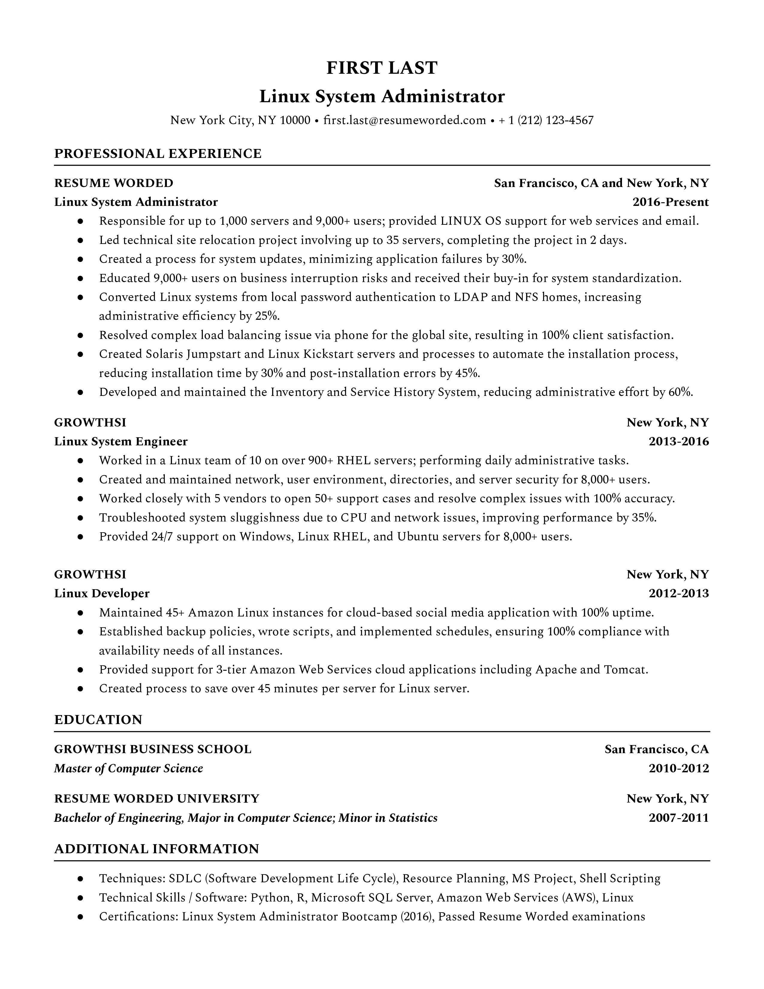 Linux System Administrator resume highlighting tools, distributions, and certifications.