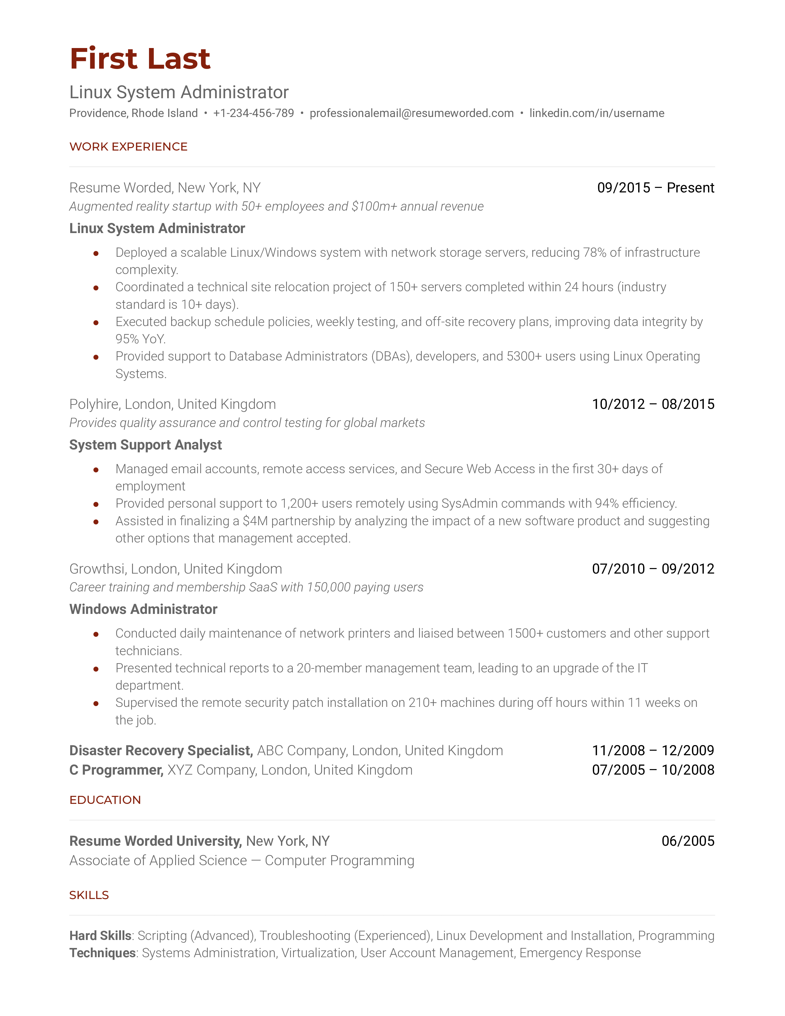 Linux System Administrator resume highlighting tools, distributions, and certifications.