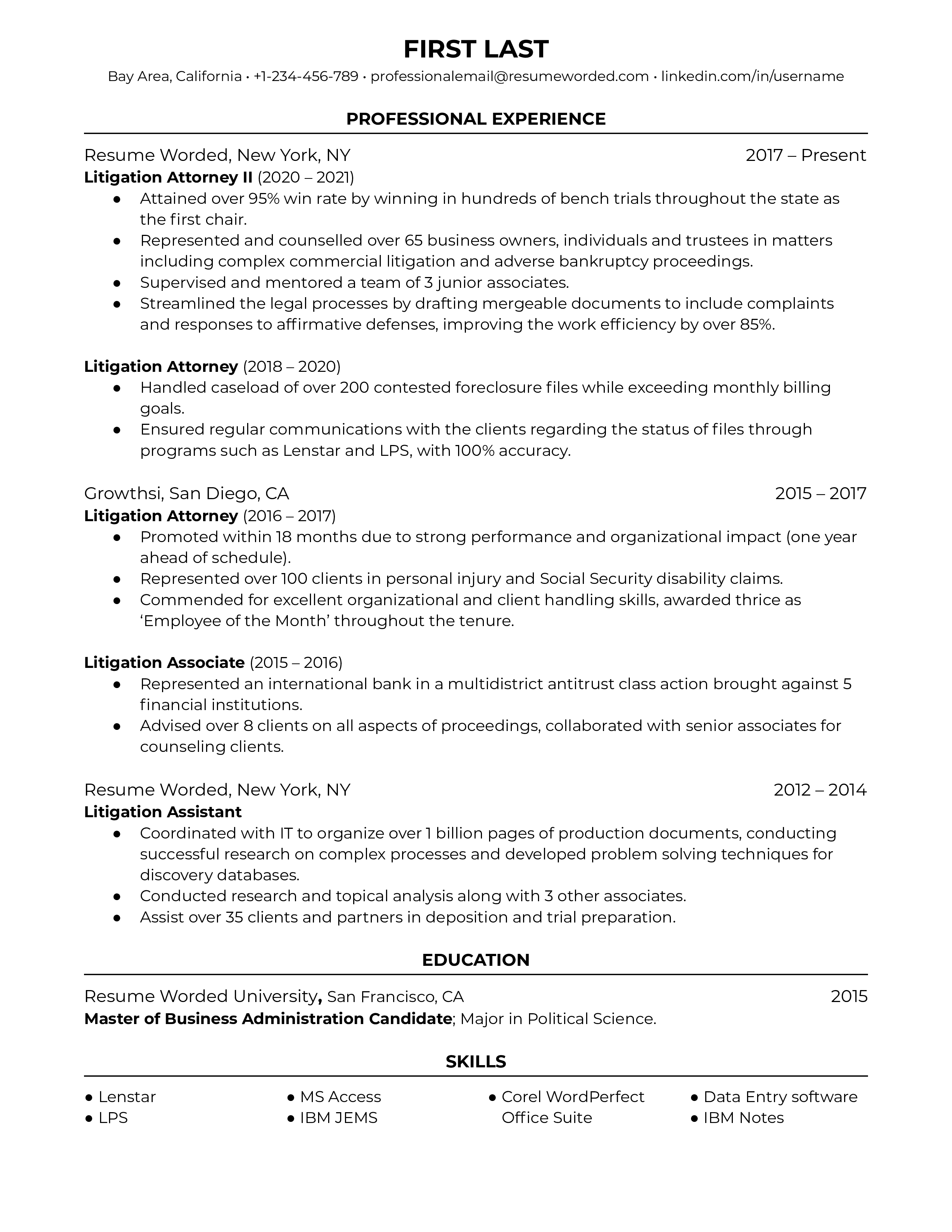 Litigation attorney resume template example with strong action verbs and a concise skills list