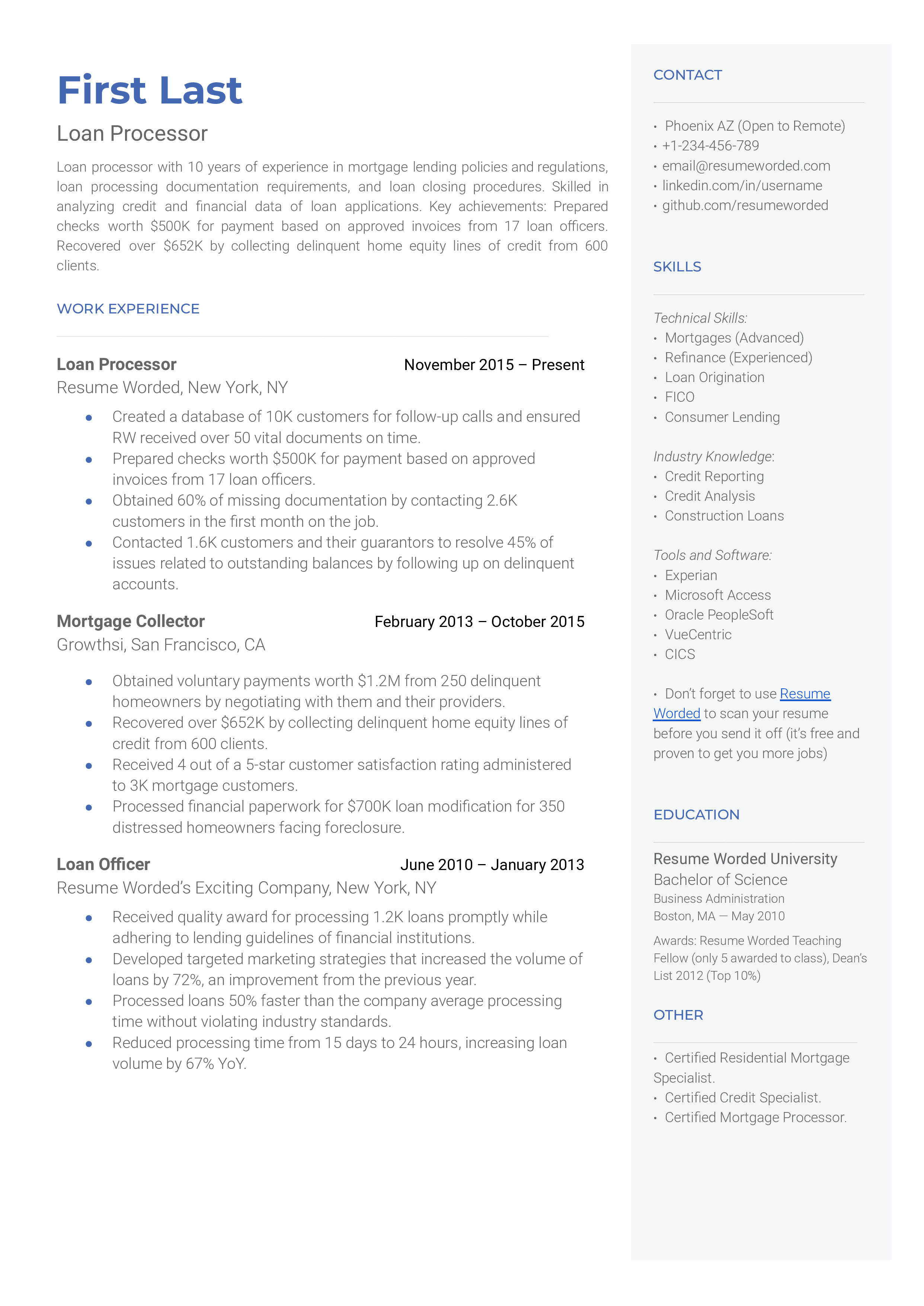 Loan Processor Resume Sample