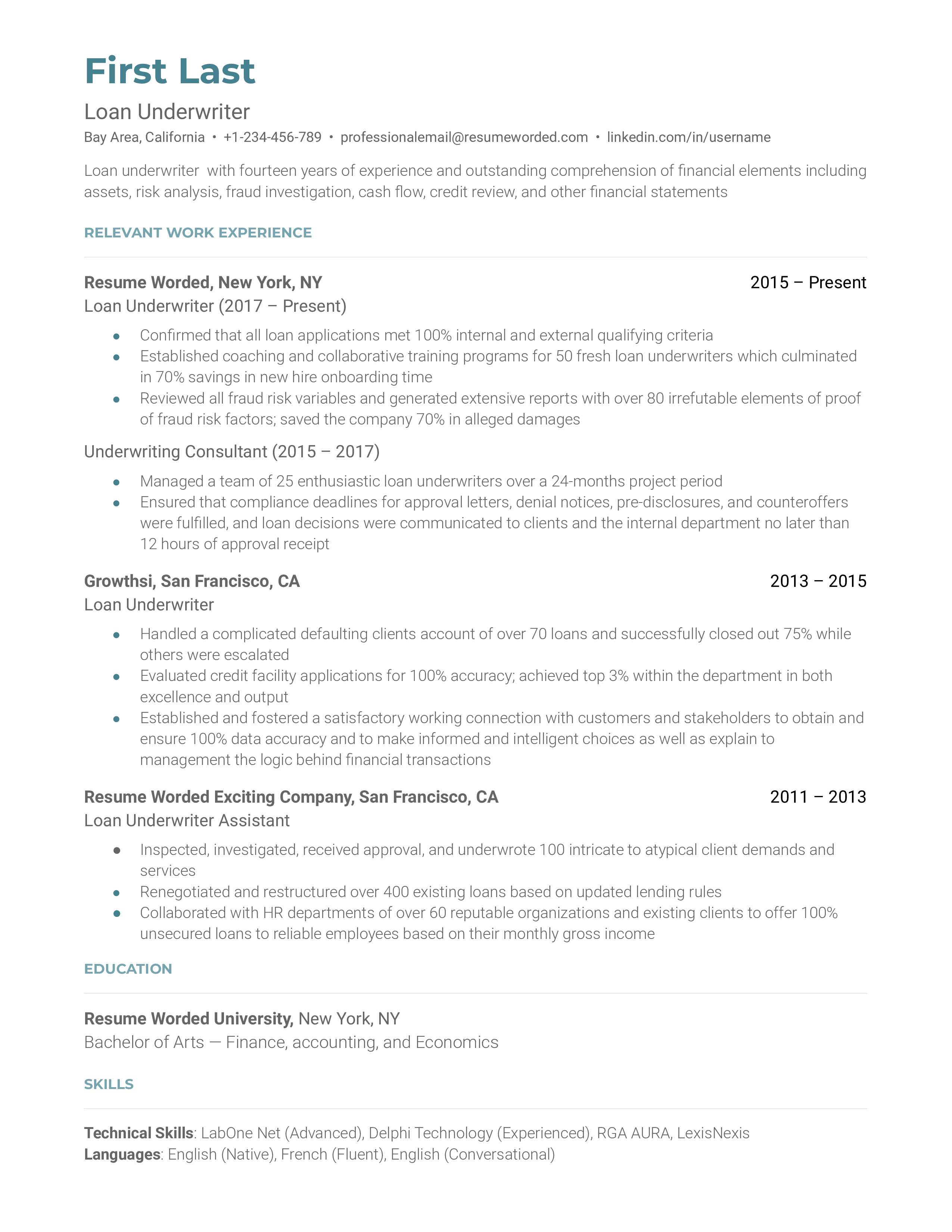 EntryLevel Loan Processor Resume Example for 2023 Resume Worded