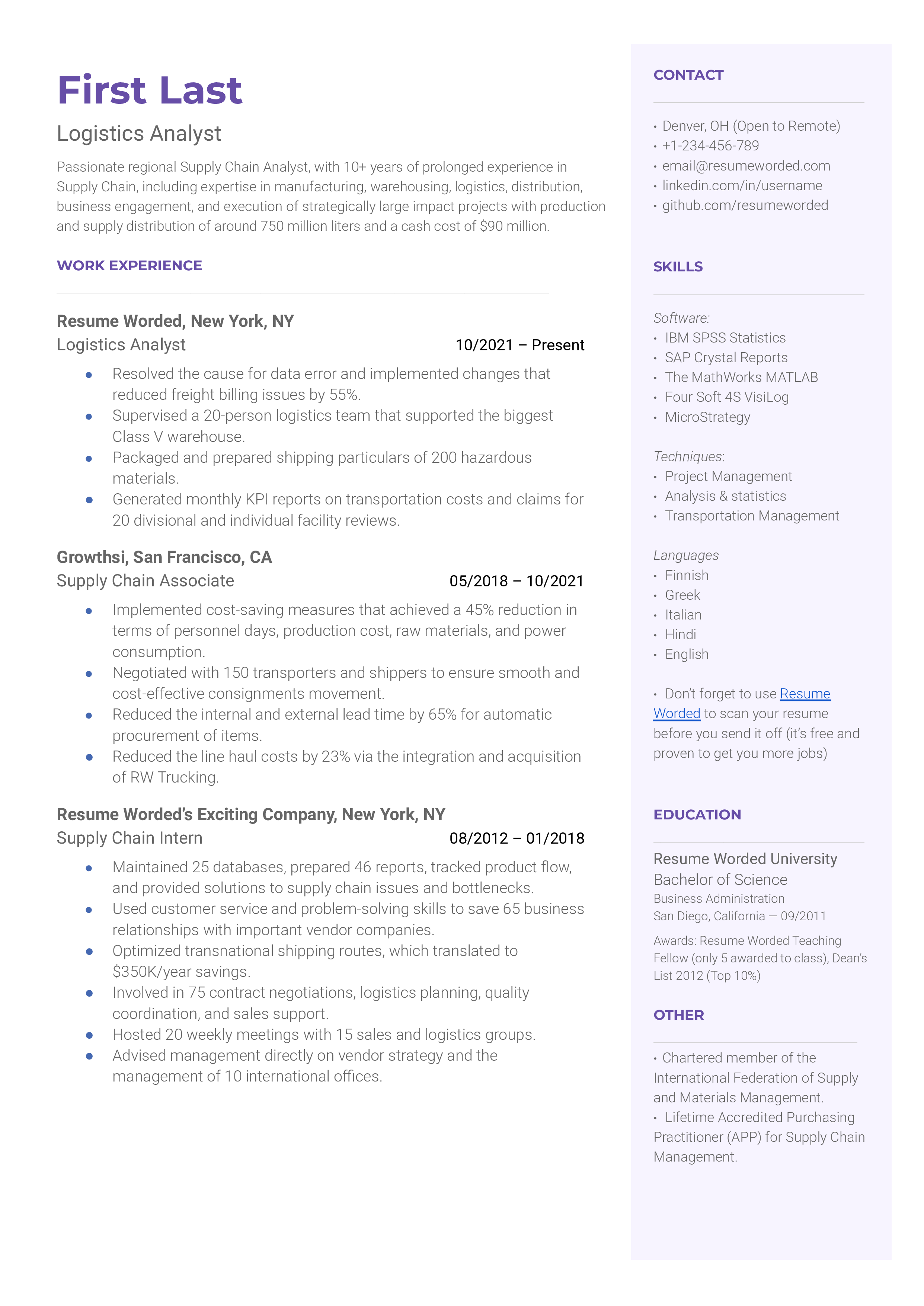 A logistics analyst resume that details relevant work experience