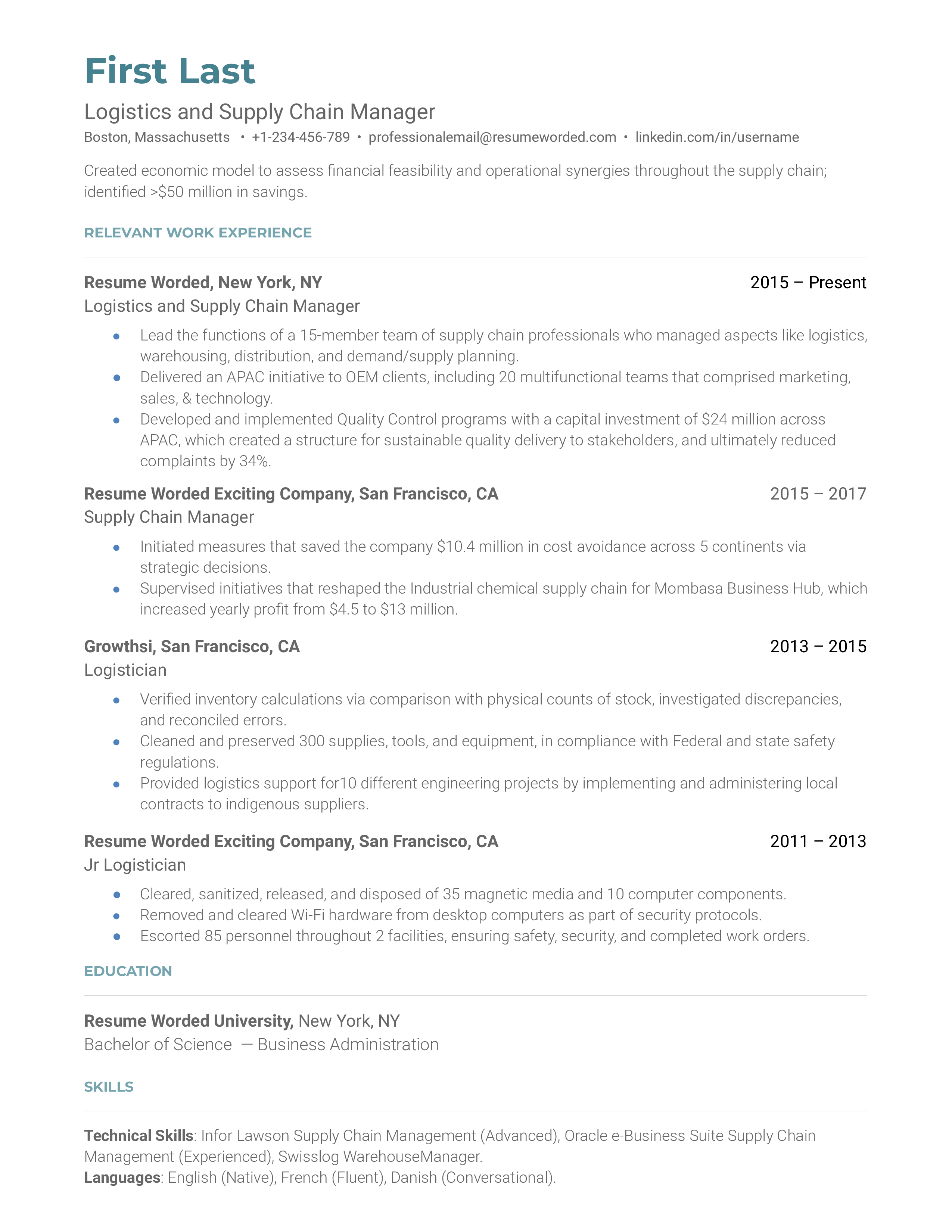 Logistics and Supply Chain Manager Resume Sample