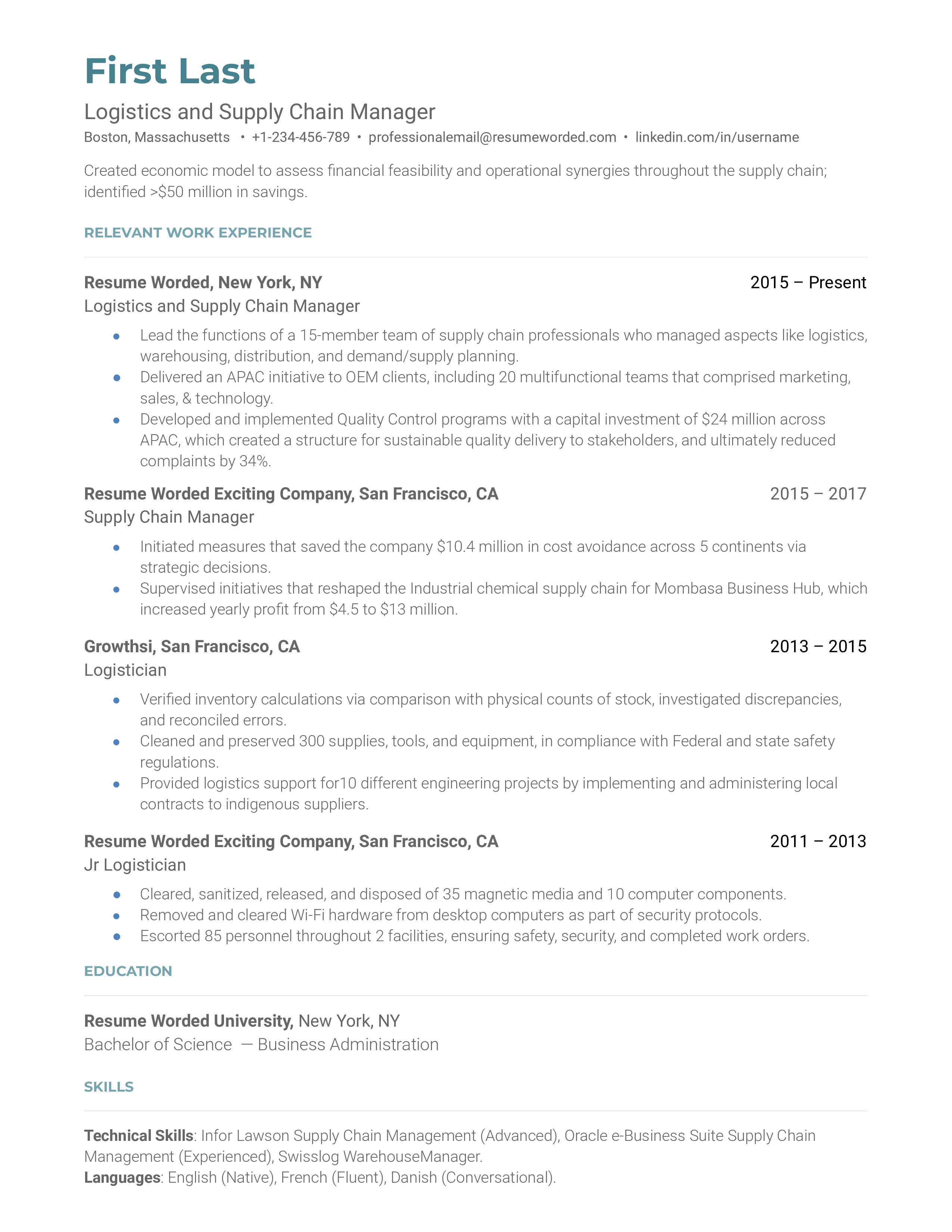 Logistics and Supply Chain Manager Resume Examples for 2024 Resume Worded