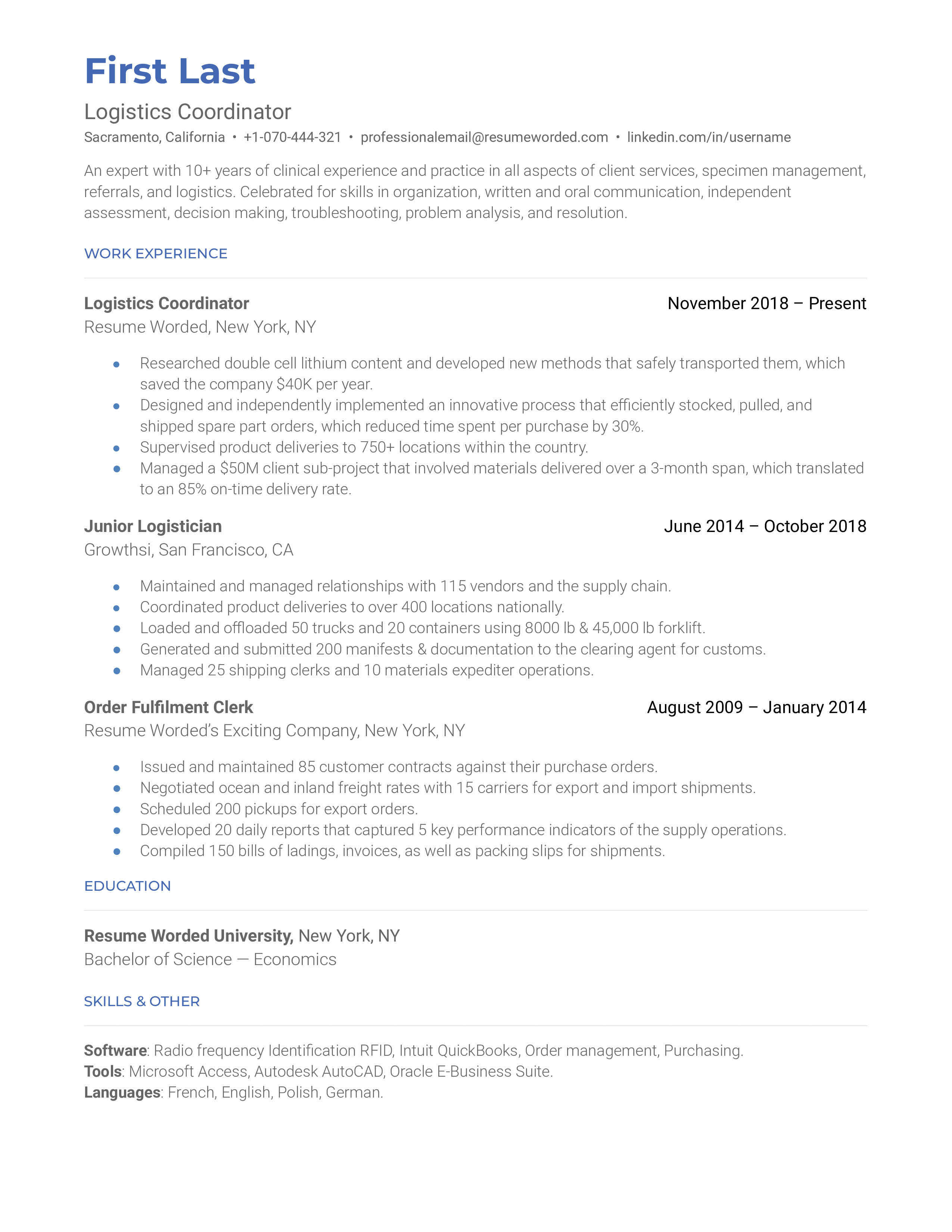 A logistics coordinator resume highlighting achievements and value proposition
