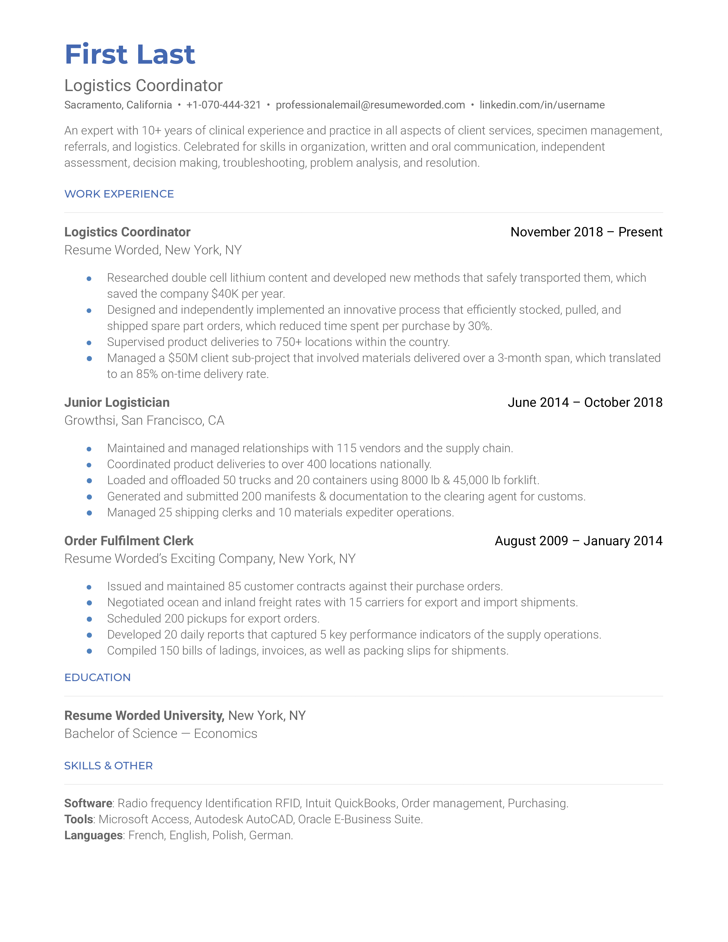 Logistics Coordinator Resume Examples for 2024 Resume Worded