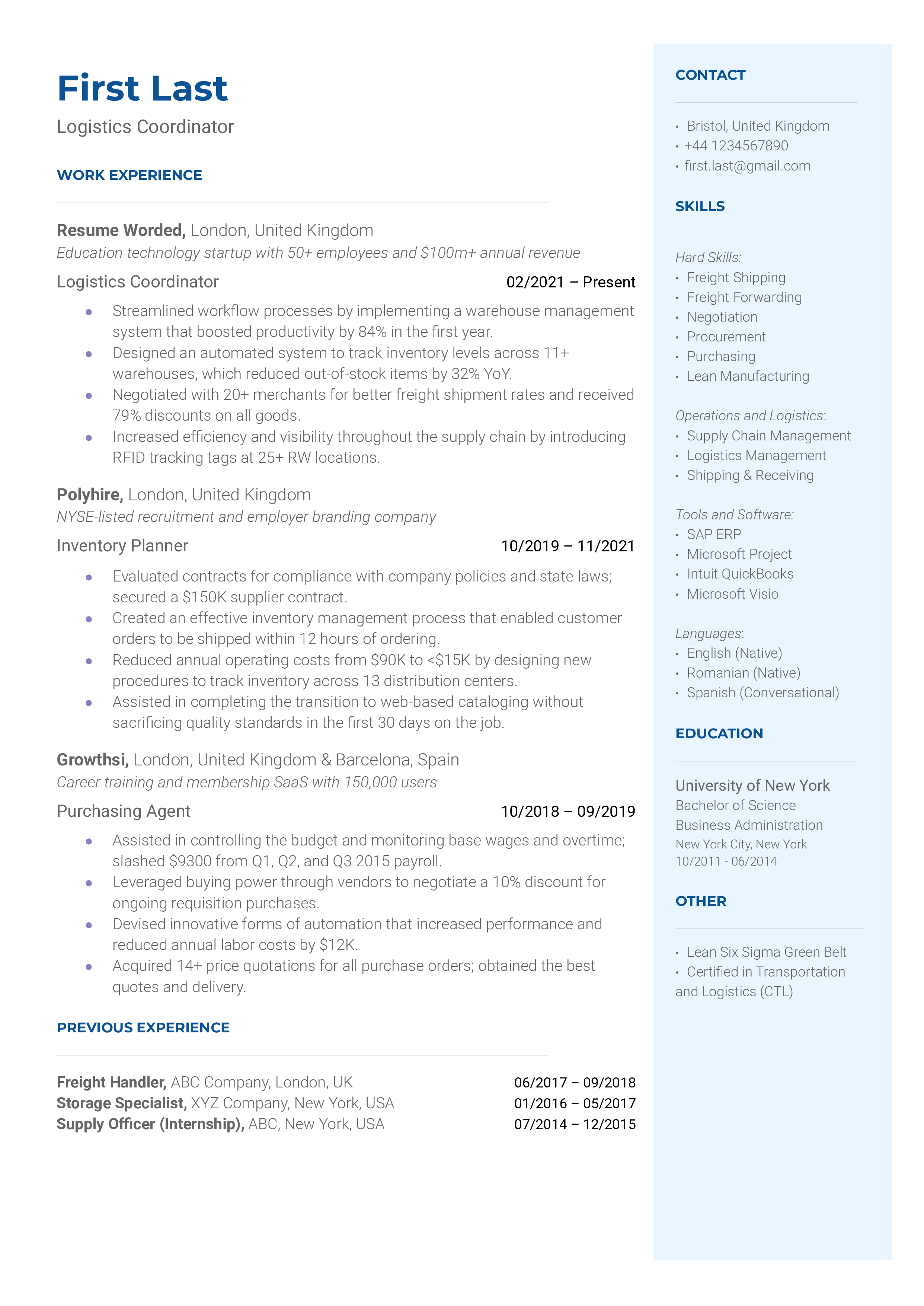 A logistics coordinator resume sample that highlights the candidate’s career progression and customer service experience.