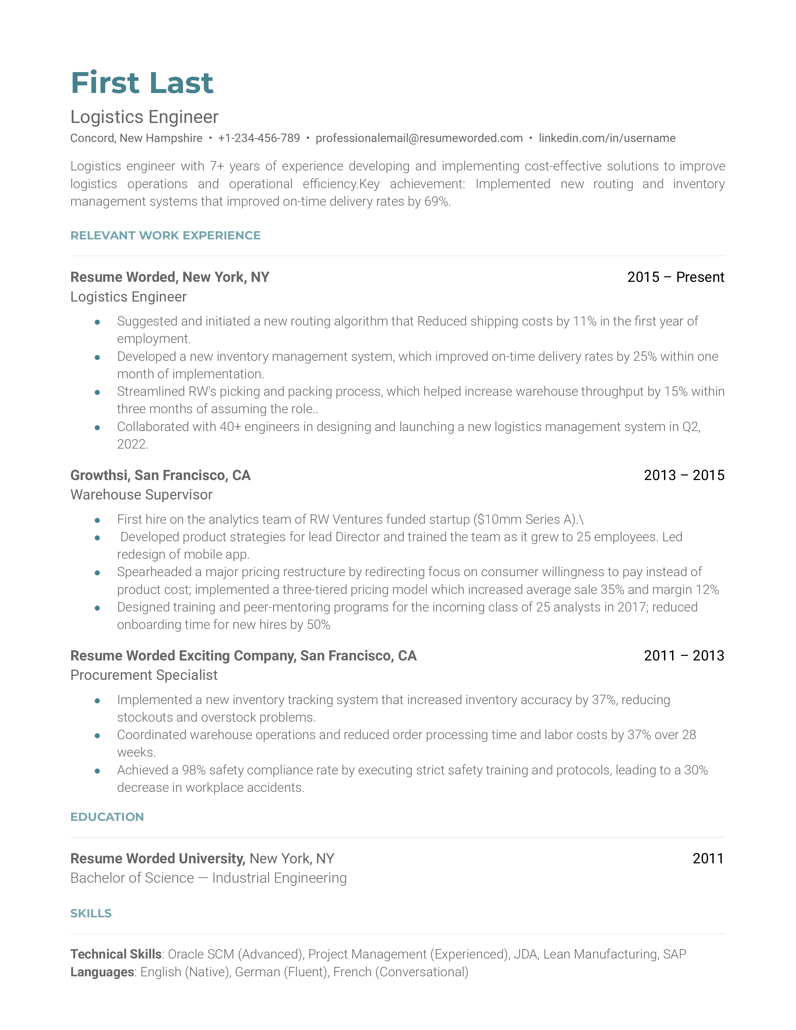 A professional resume for a Logistics Engineer role.