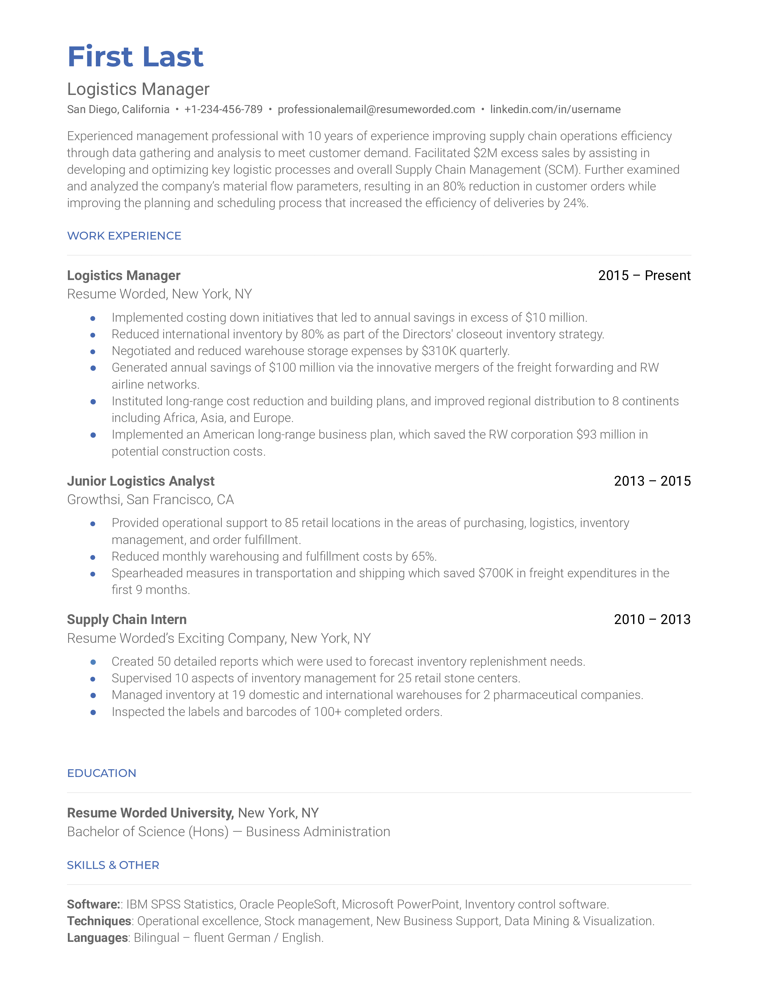 Logistics Manager Resume Sample