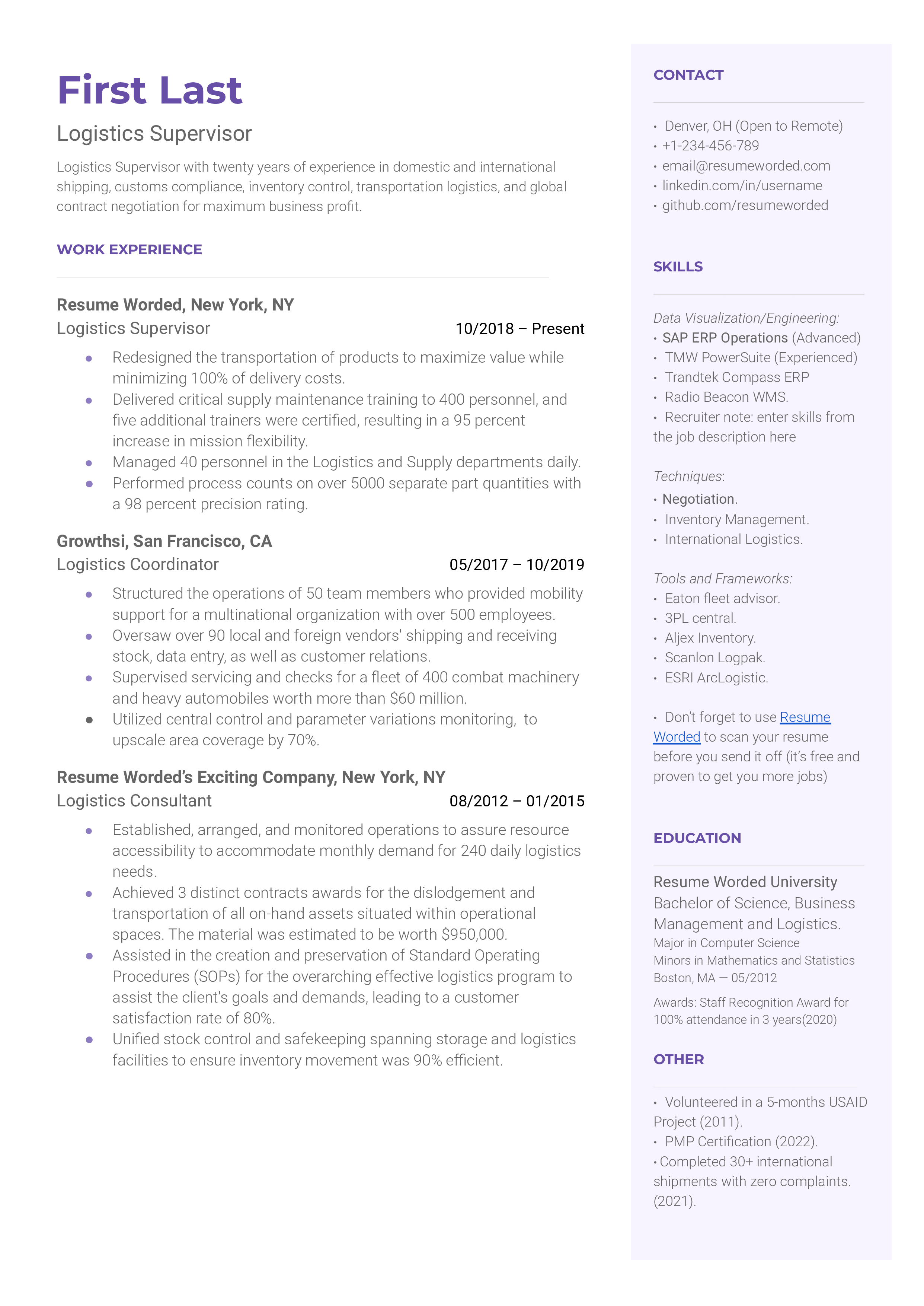 A Logistics Supervisor CV highlighting quantifiable achievements and tech proficiency.