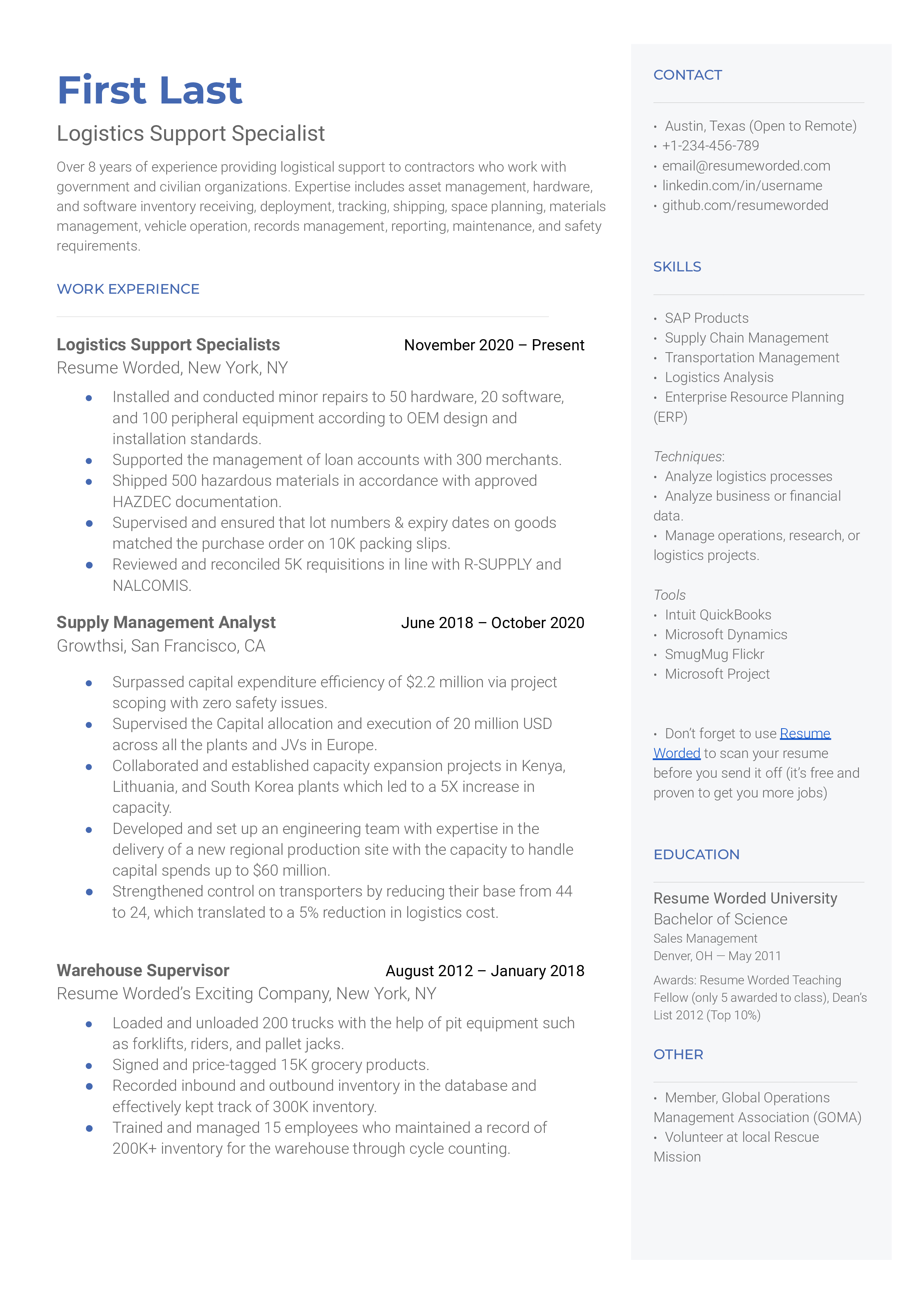 A logistics support specialist resume example for 2023