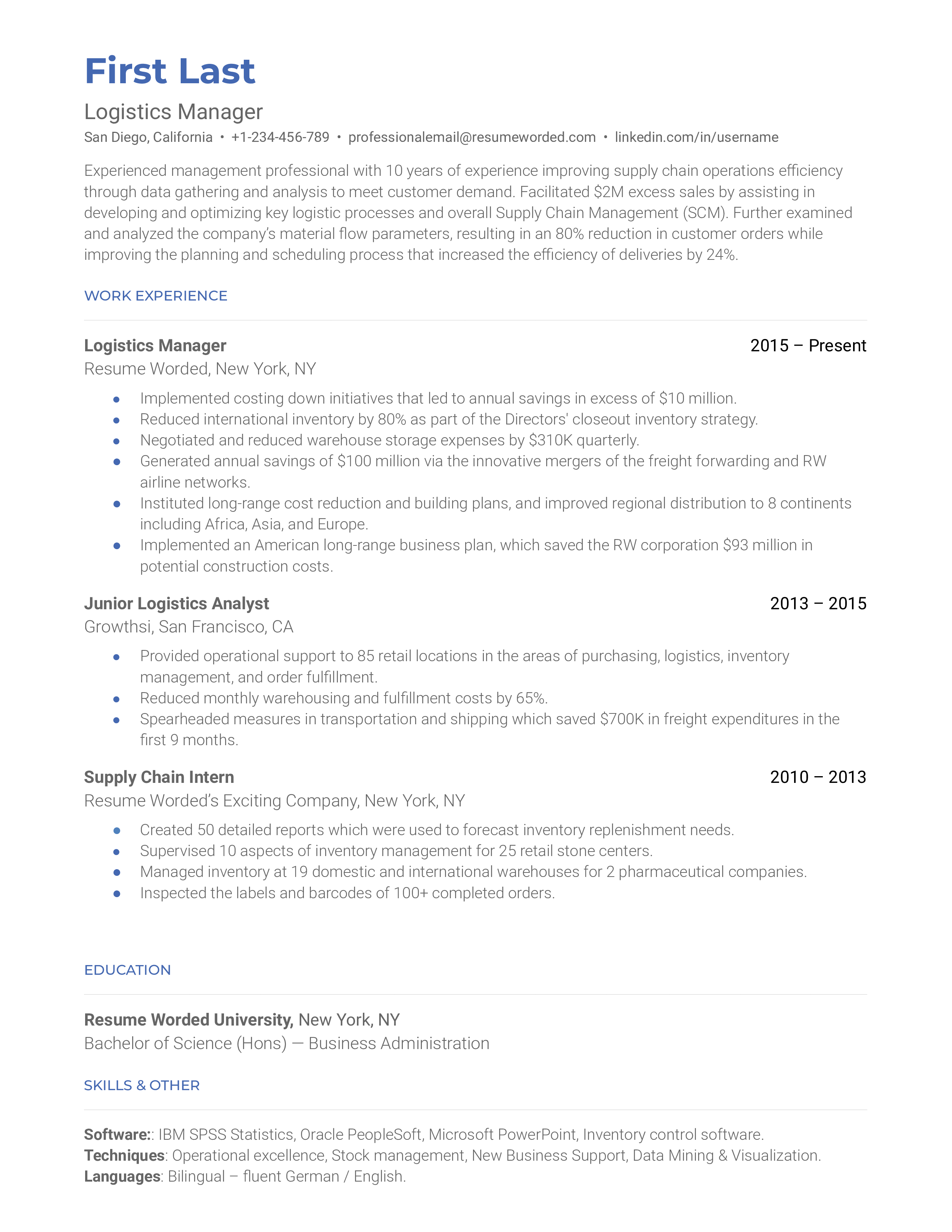 A logistics manager resume that uses logistics-related action verbs