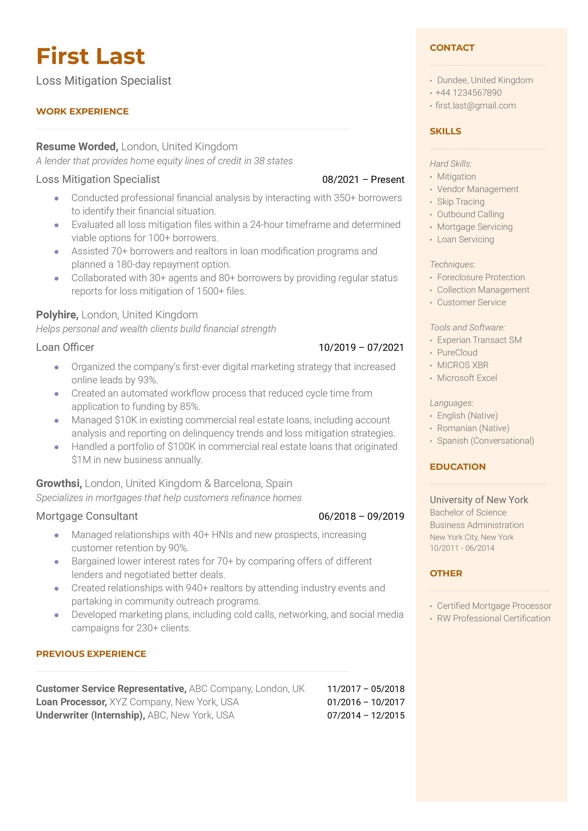 A loss mitigation specialist resume template emphasizing hard skills.