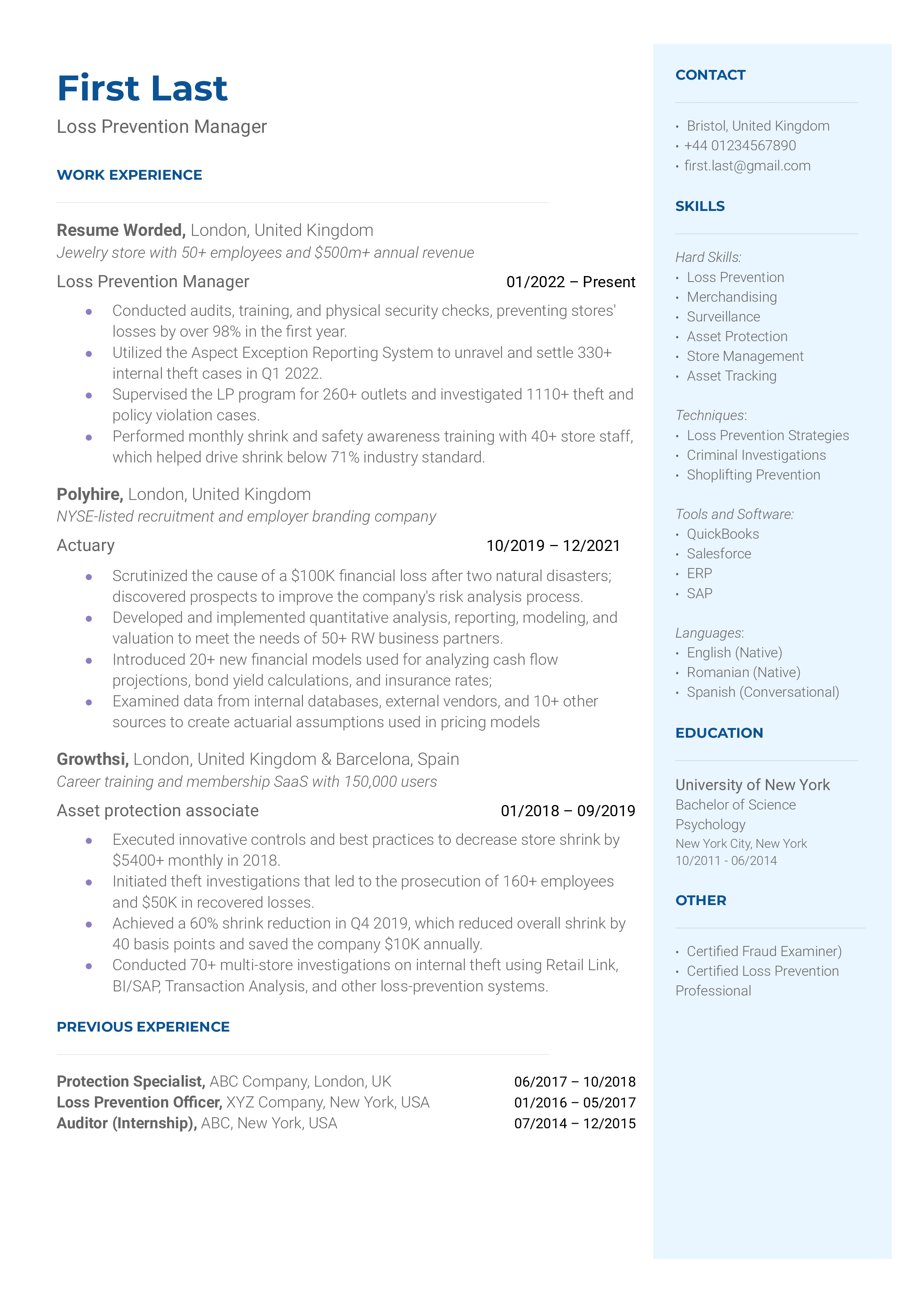 A loss prevention manager resume template highlighting loss prevention techniques.