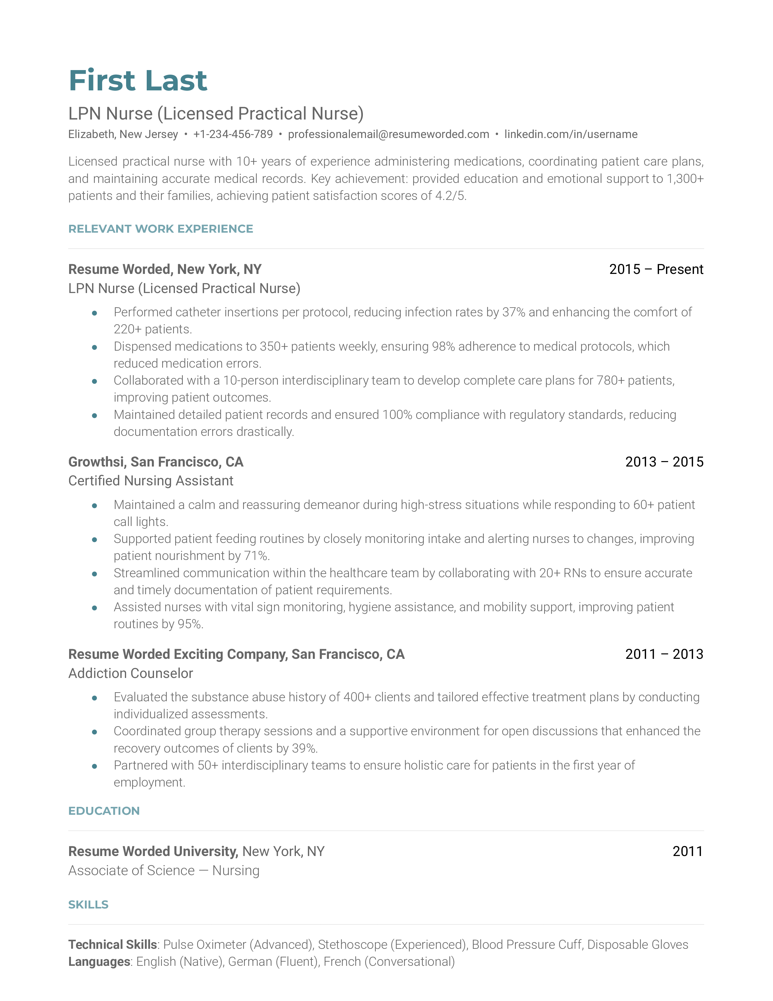 A resume for a Licensed Practical Nurse showcasing certifications and patient care experience.