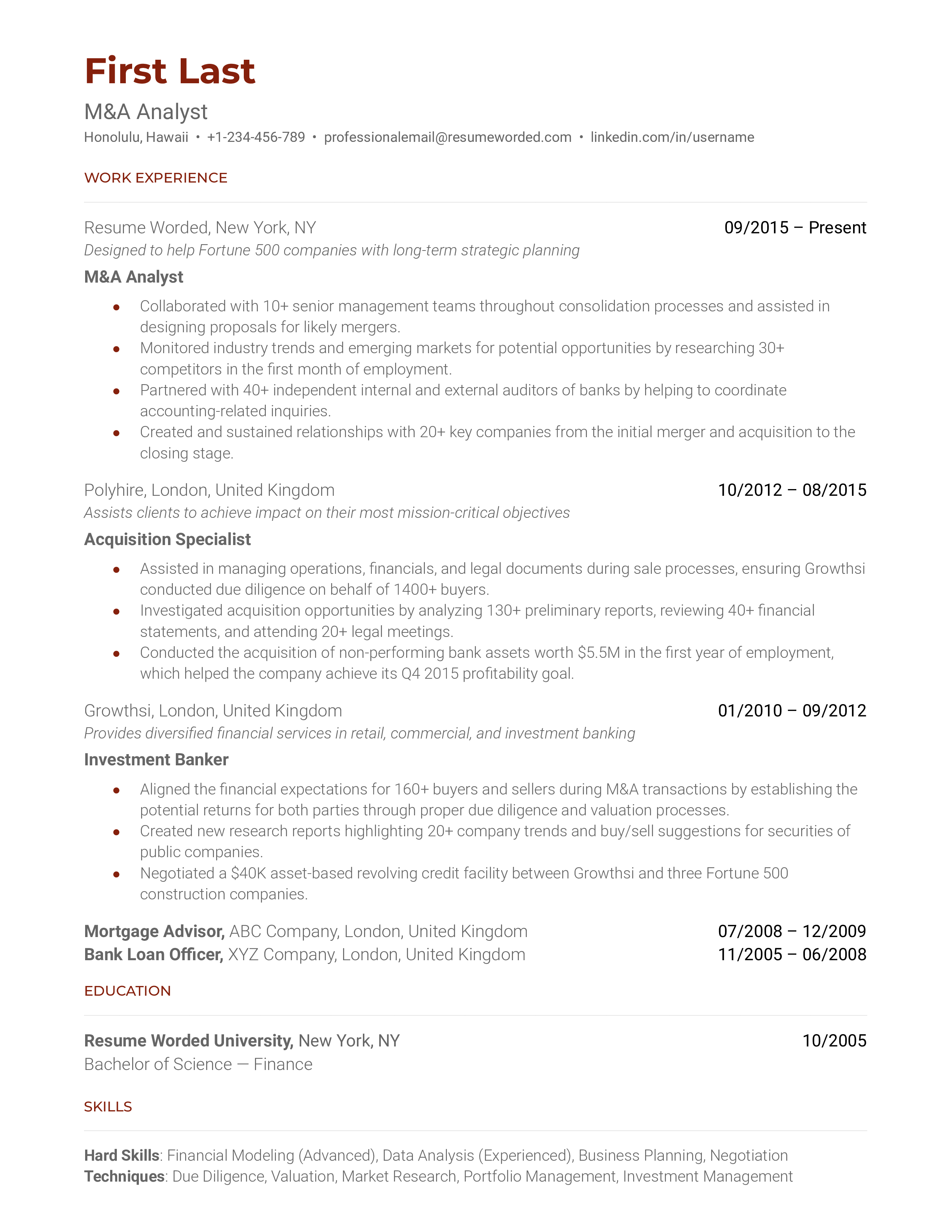 A M&A analyst resume template that uses relevant action verbs.
