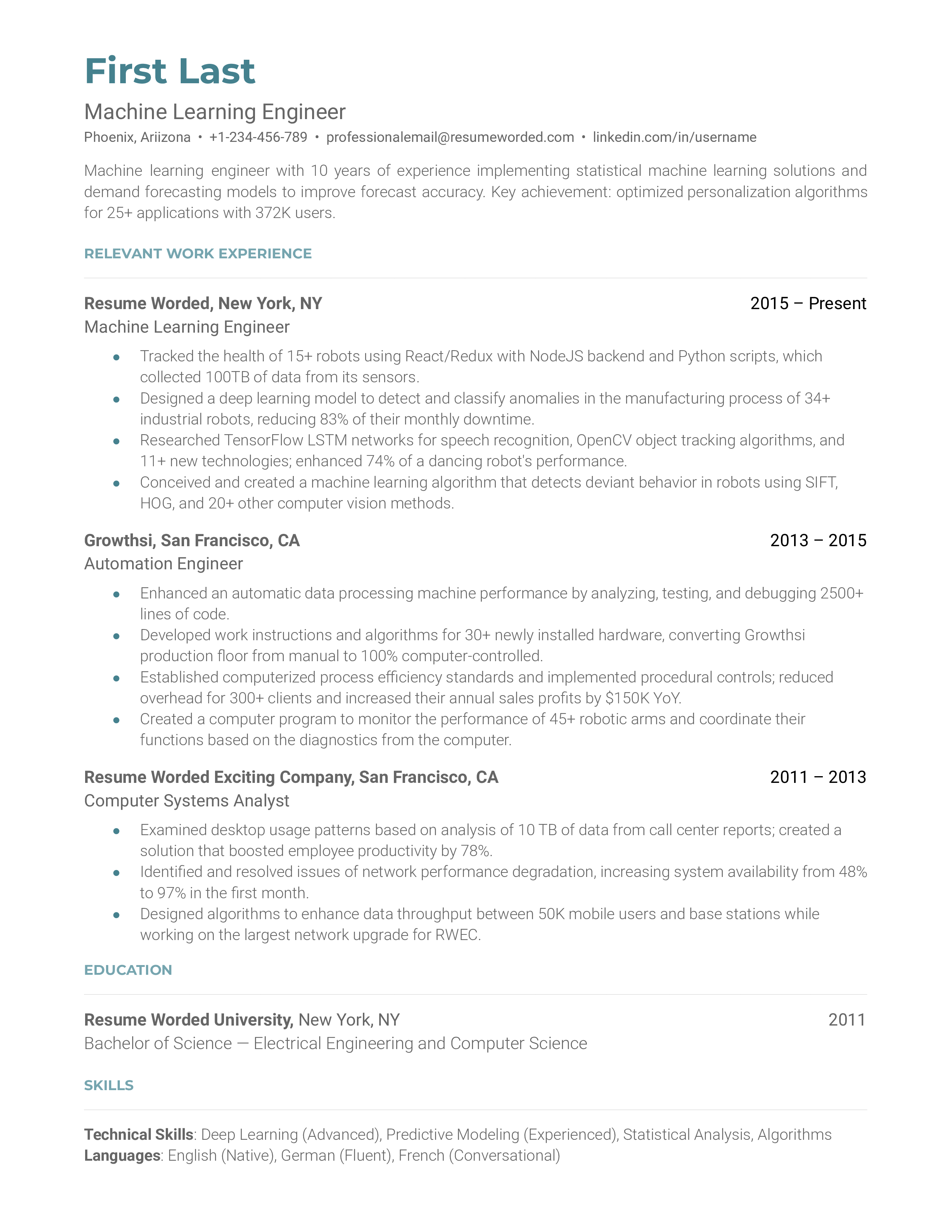 A machine learning engineer resume template prioritizing computer science experience.