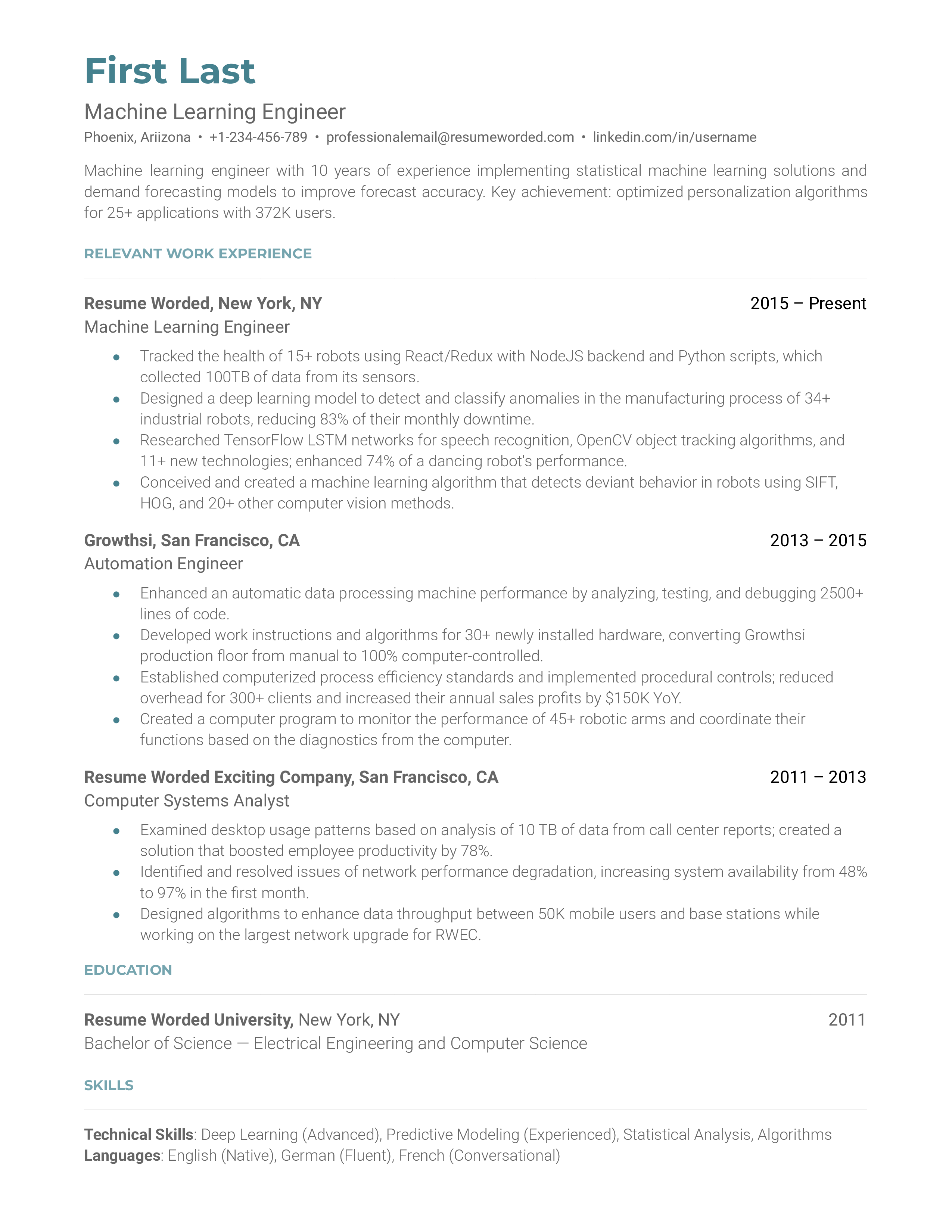 5 Machine Learning Resume Examples For 2025 Resume Worded