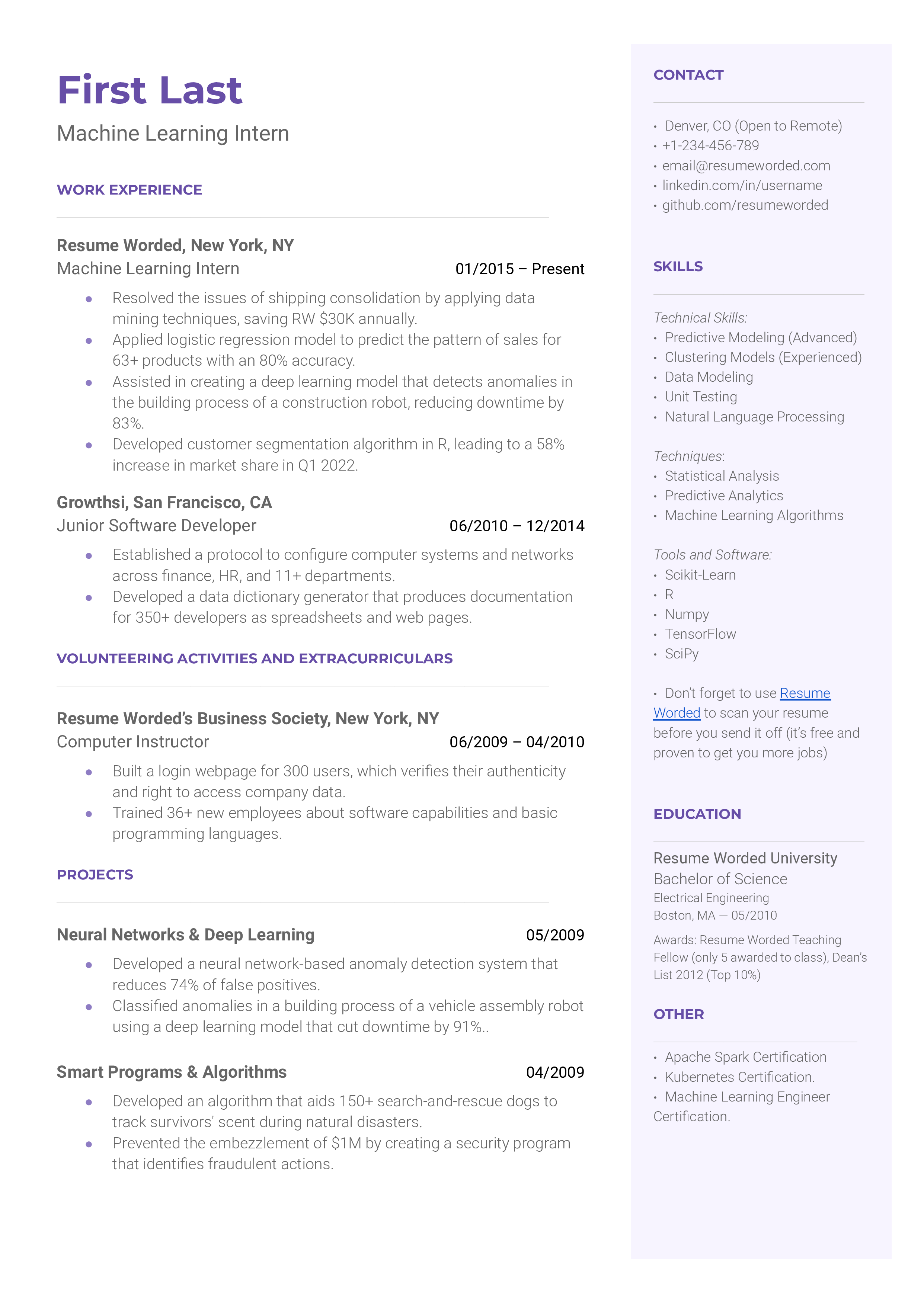 A machine learning intern resume template including volunteering experience.