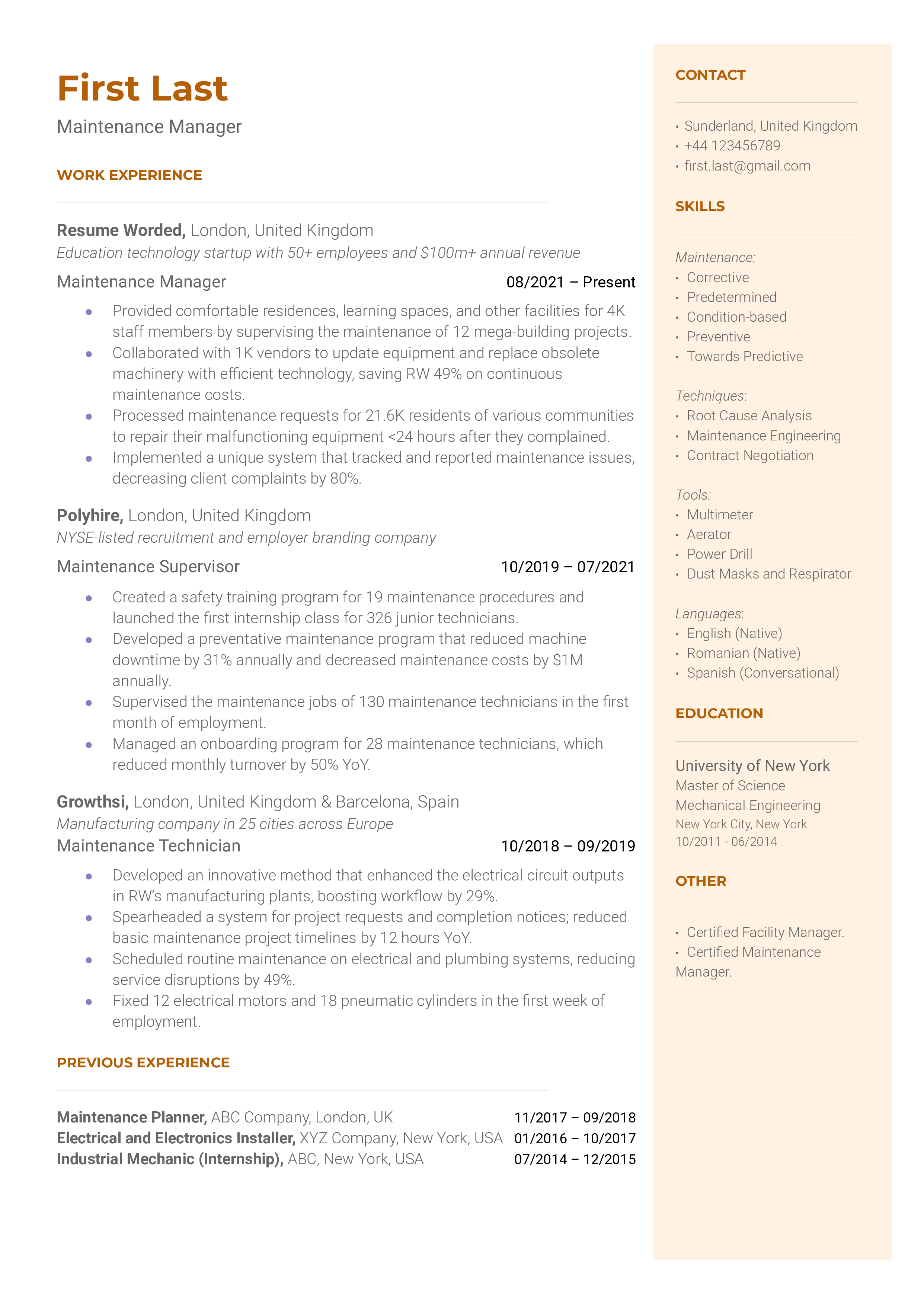 Maintenance Manager Resume Sample