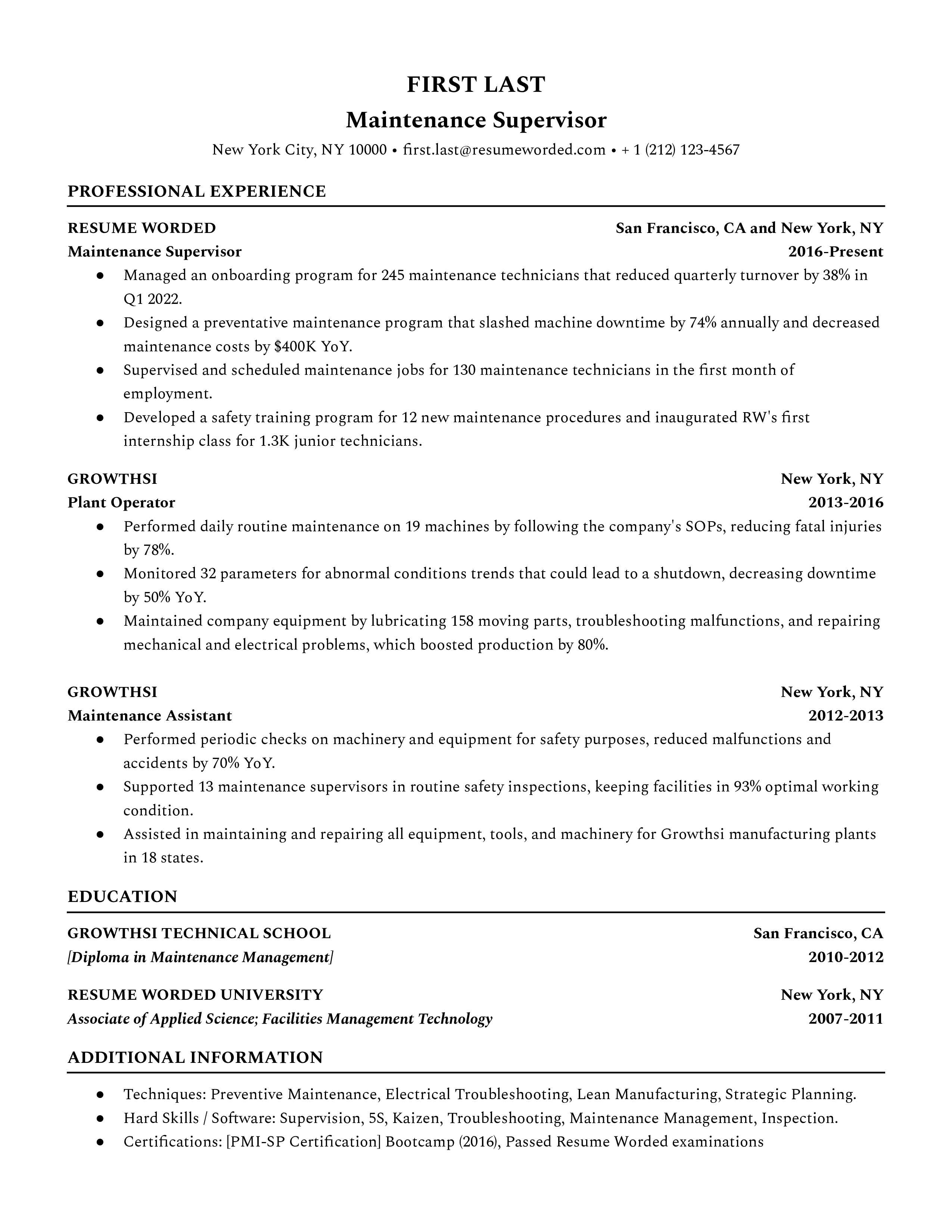 A maintenance supervisor resume template that prioritizes work experience