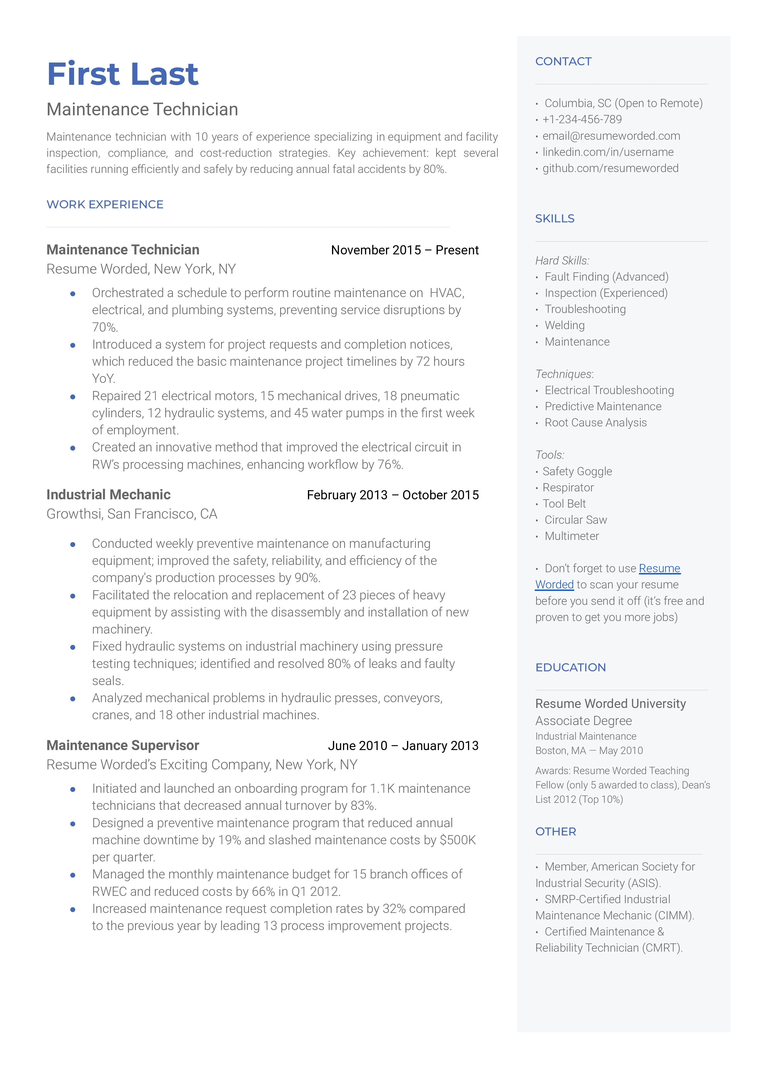 An organized and detailed CV for a Maintenance Technician role.