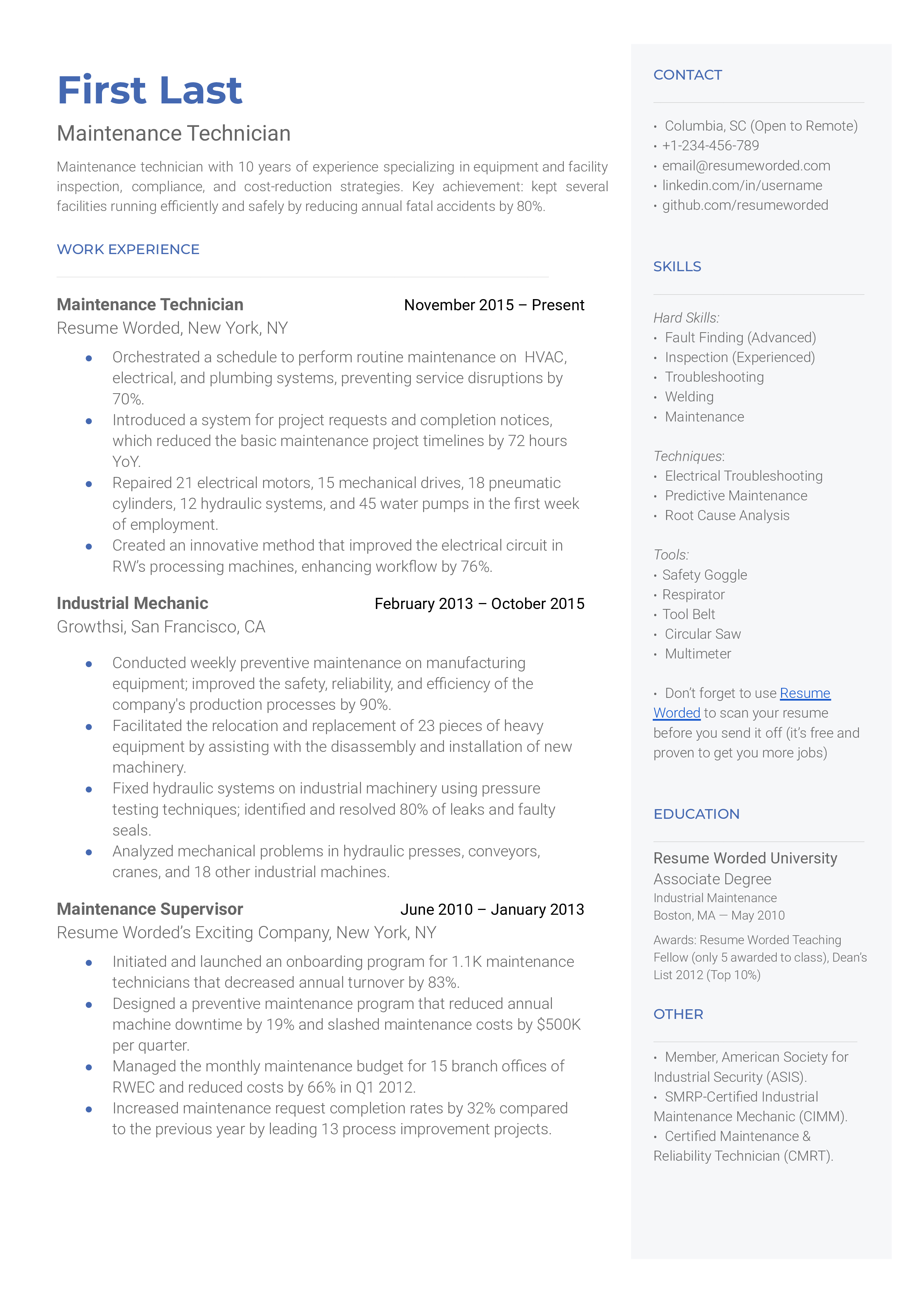 Maintenance Technician Resume Sample