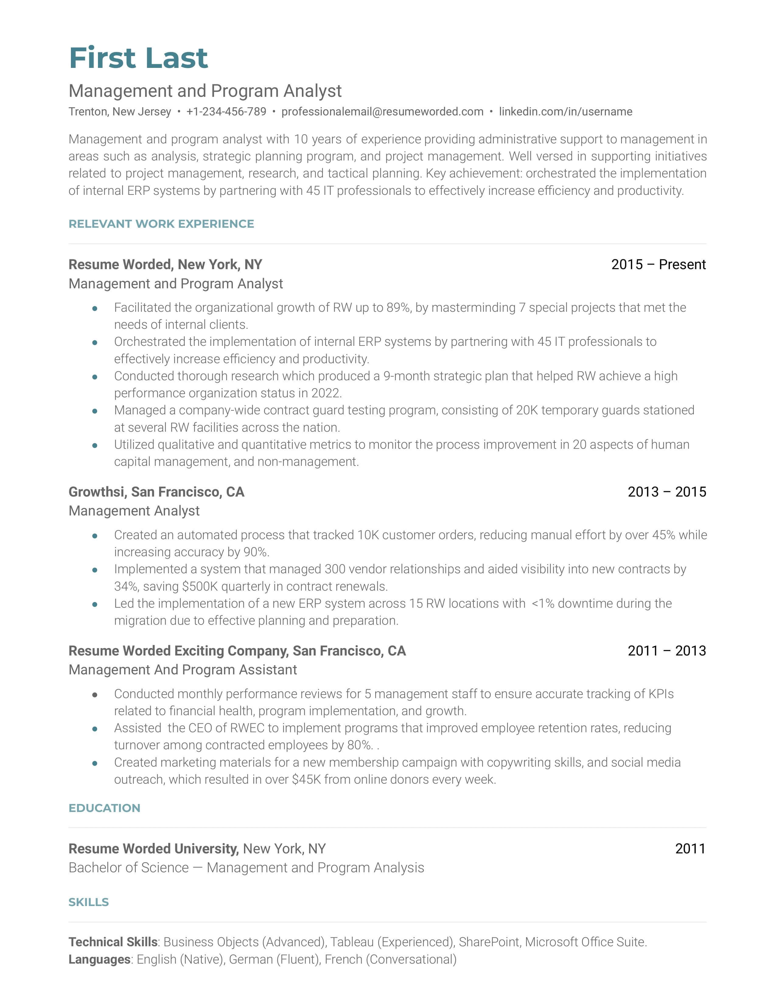 CV screenshot showing data analysis and project management skills for a Management and Program Analyst role.