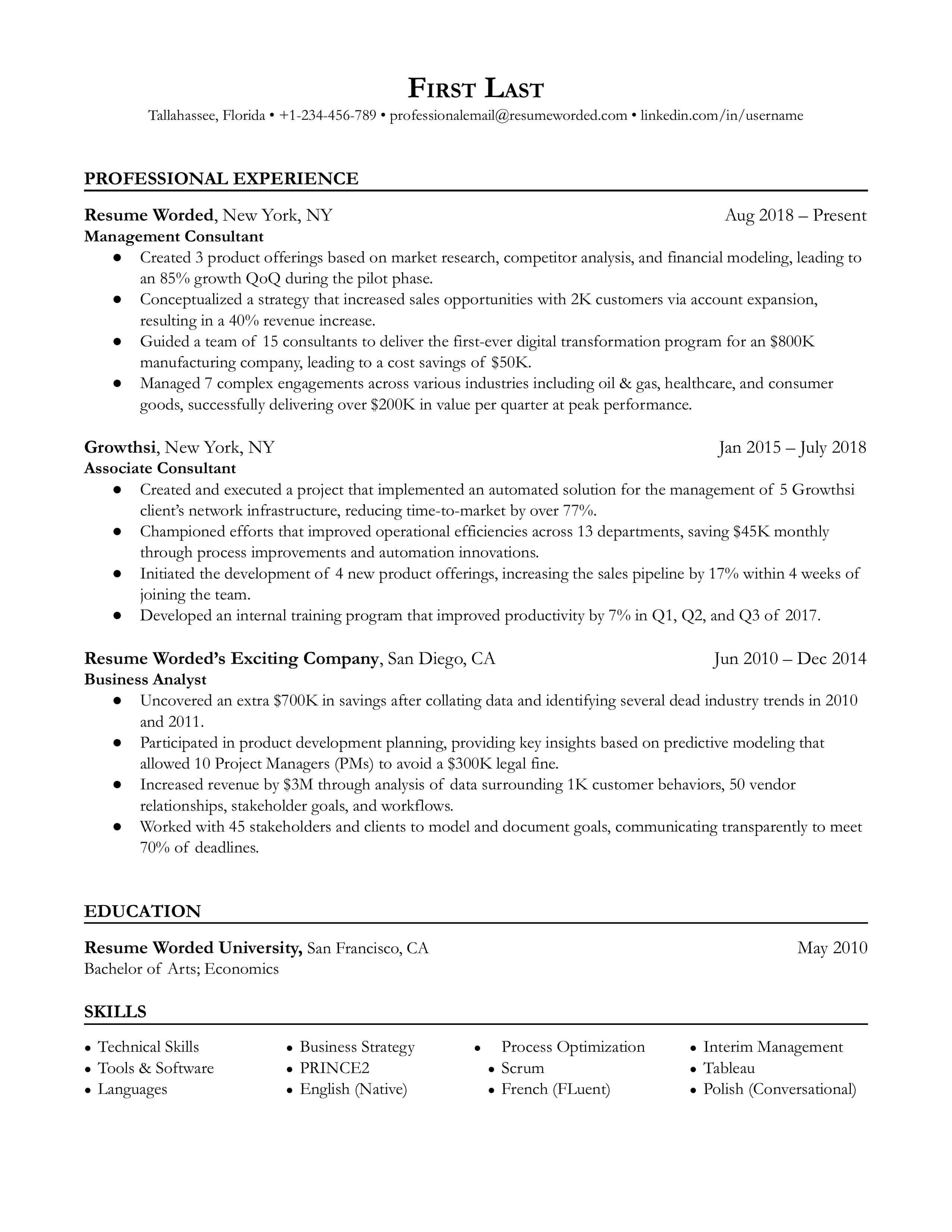  A management consultant resume example that emphasizes work experience
