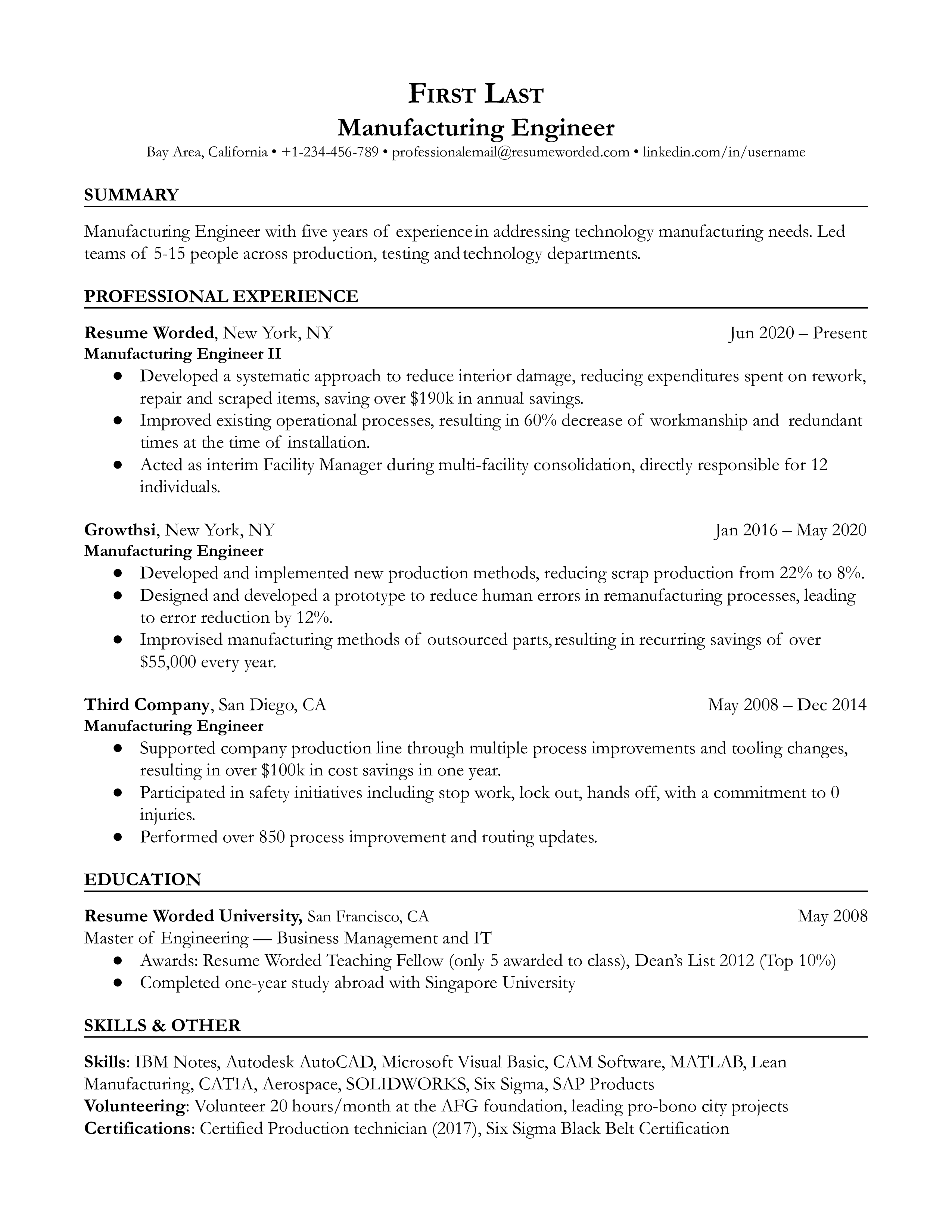 Manufacturing engineer resume showcasing technical skills and project results.