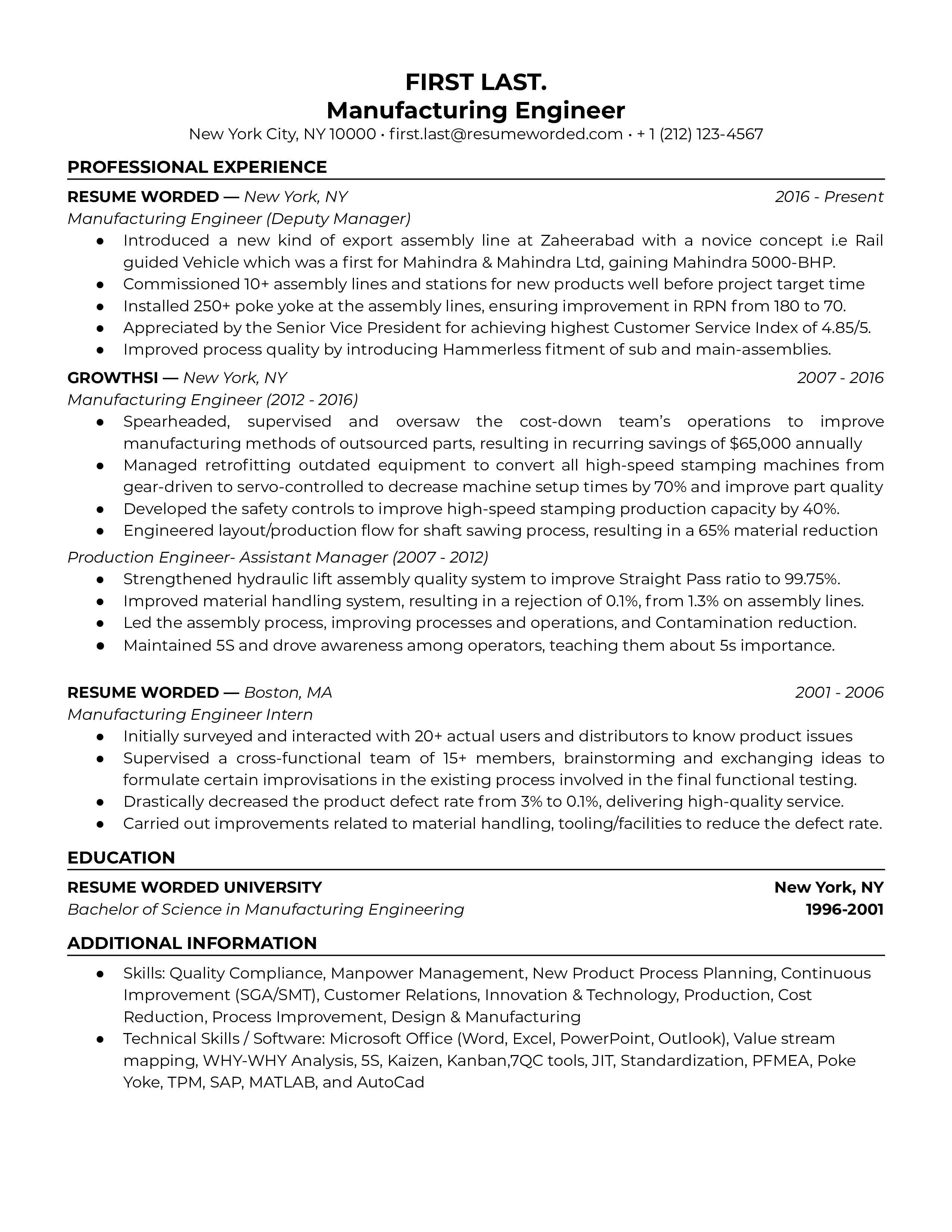 A manufacturing engineer resume with a focus on its associated tools, and reference internal promotions.