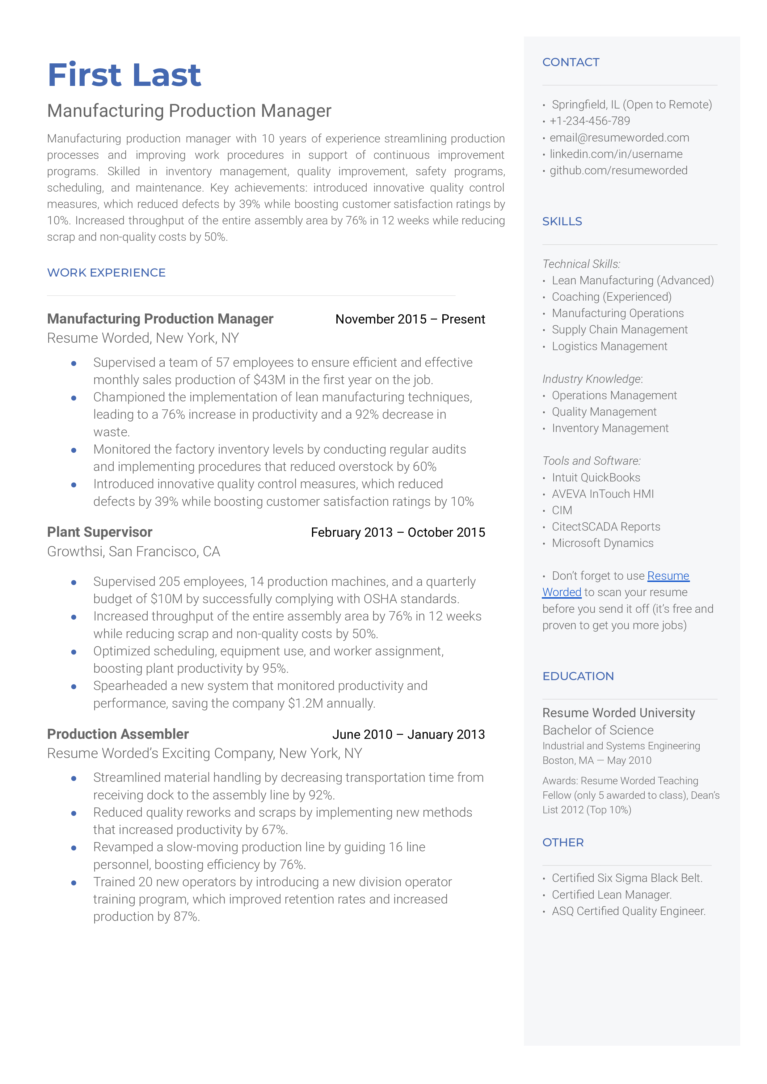 A well-structured CV of a Manufacturing Production Manager showcasing their technical and leadership skills.