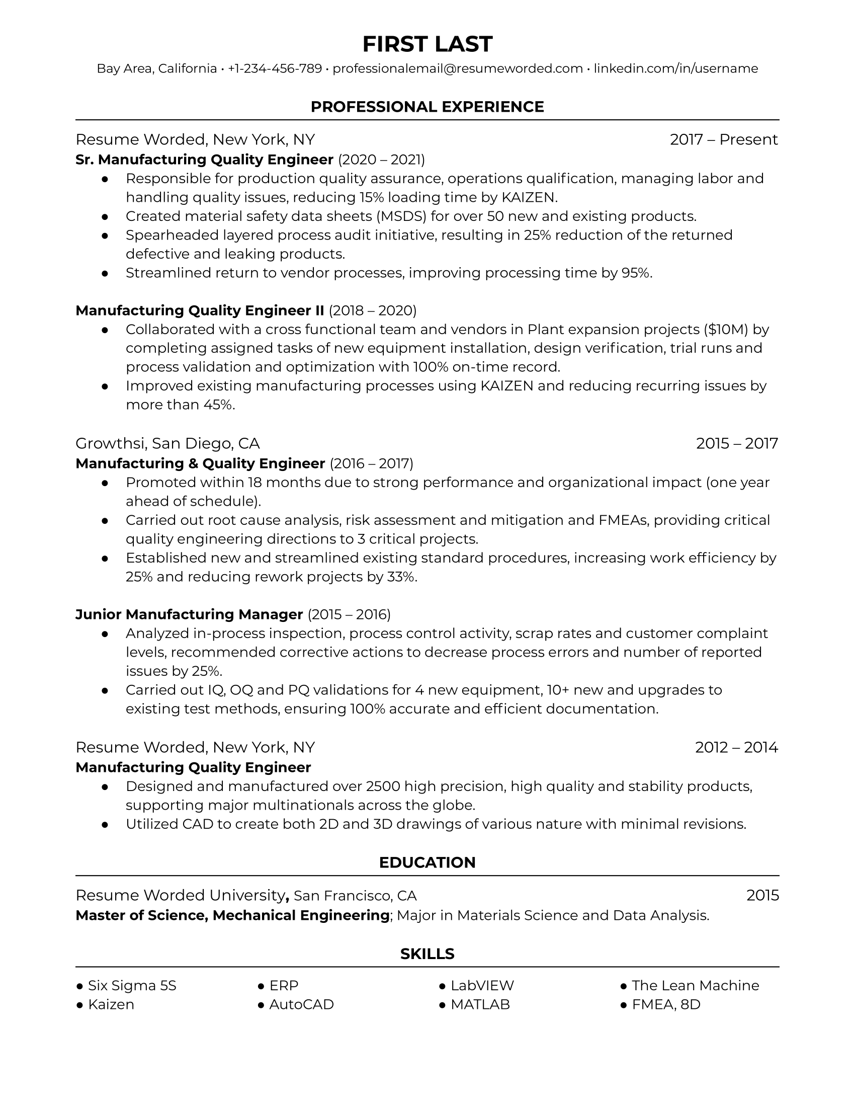 Manufacturing Quality Engineer Resume Example For 2022 | Resume Worded