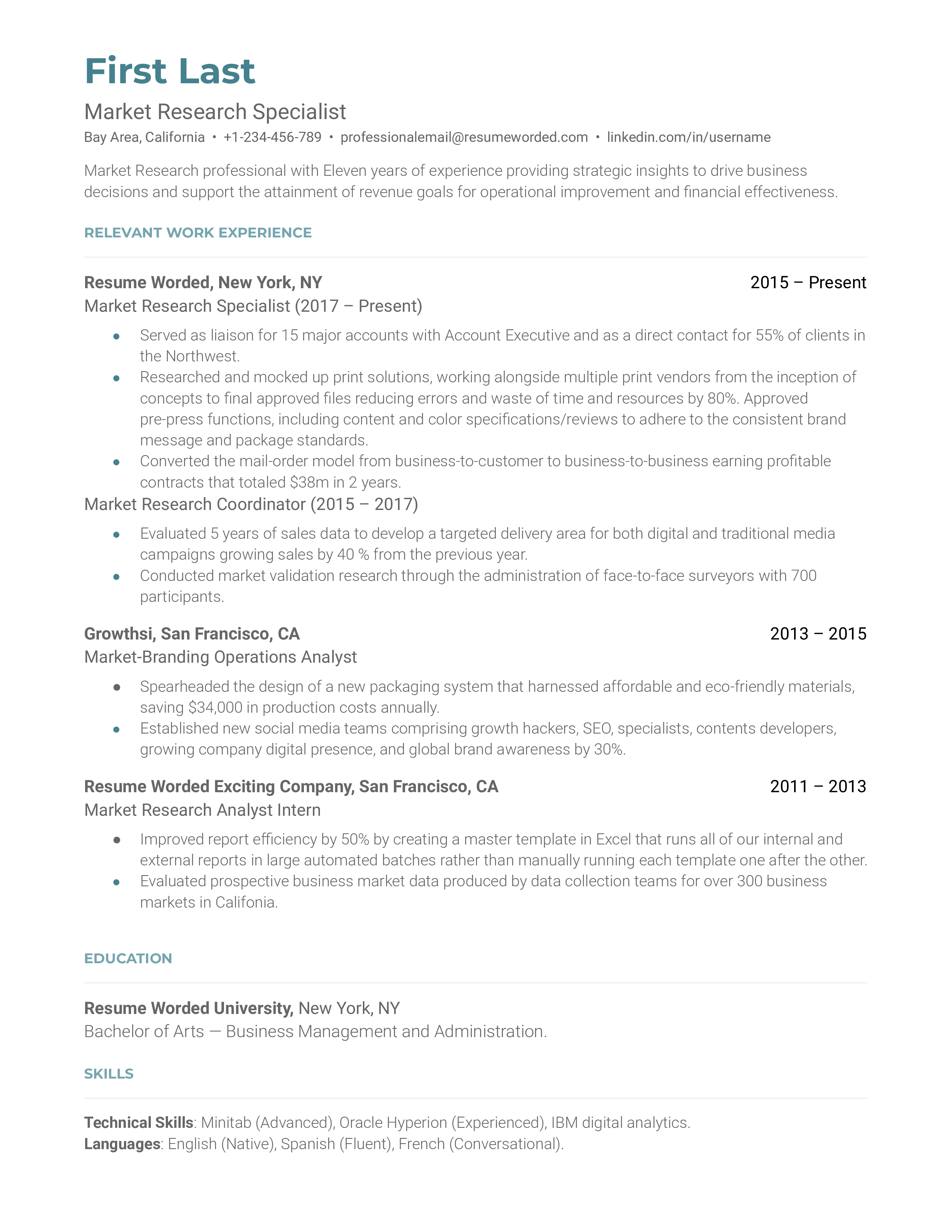 A market research specialist’s resume sample that highlights the applicant’s career progression and communication proficiency.