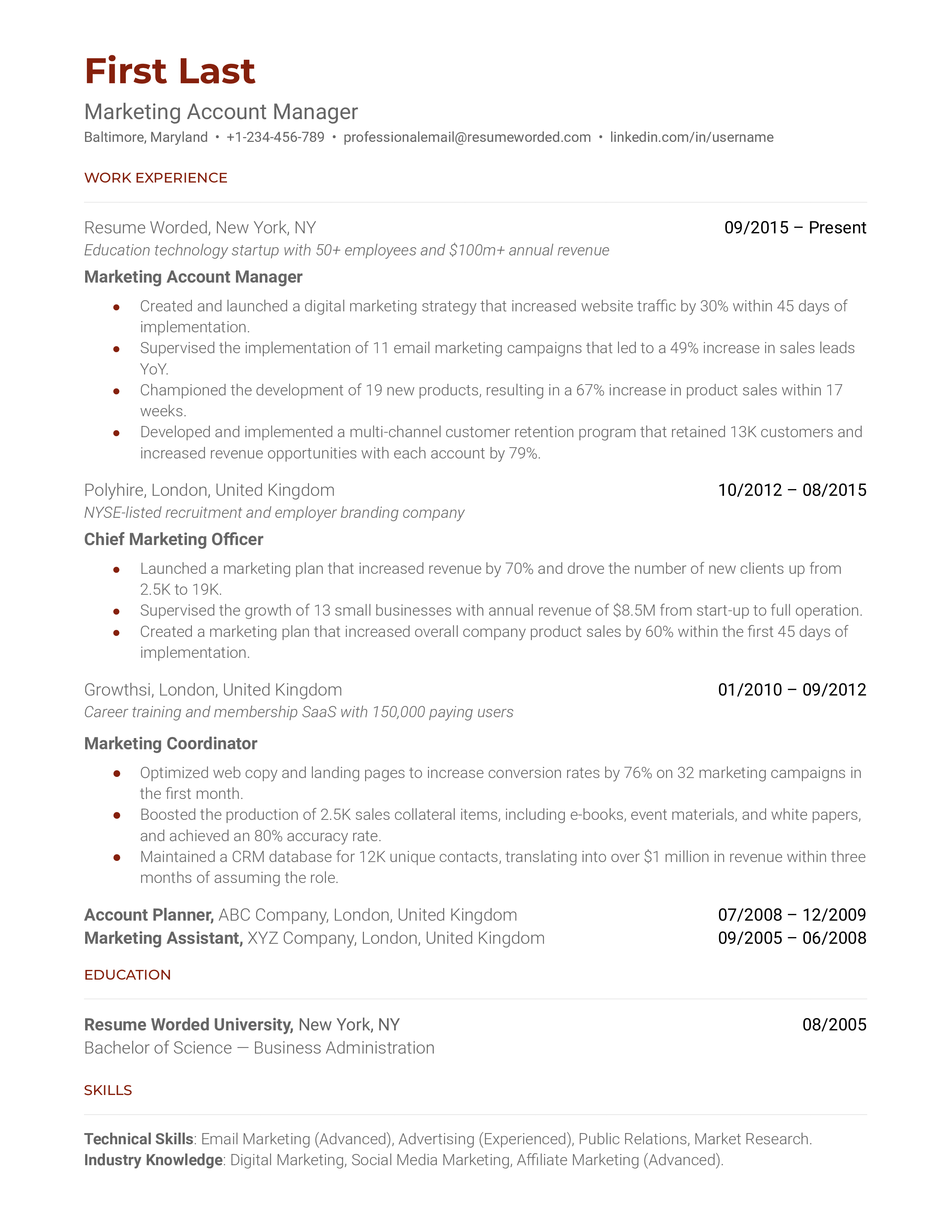 A marketing account manager resume sample that highlights the applicant’s wide range of marketing experience in multiple industries.