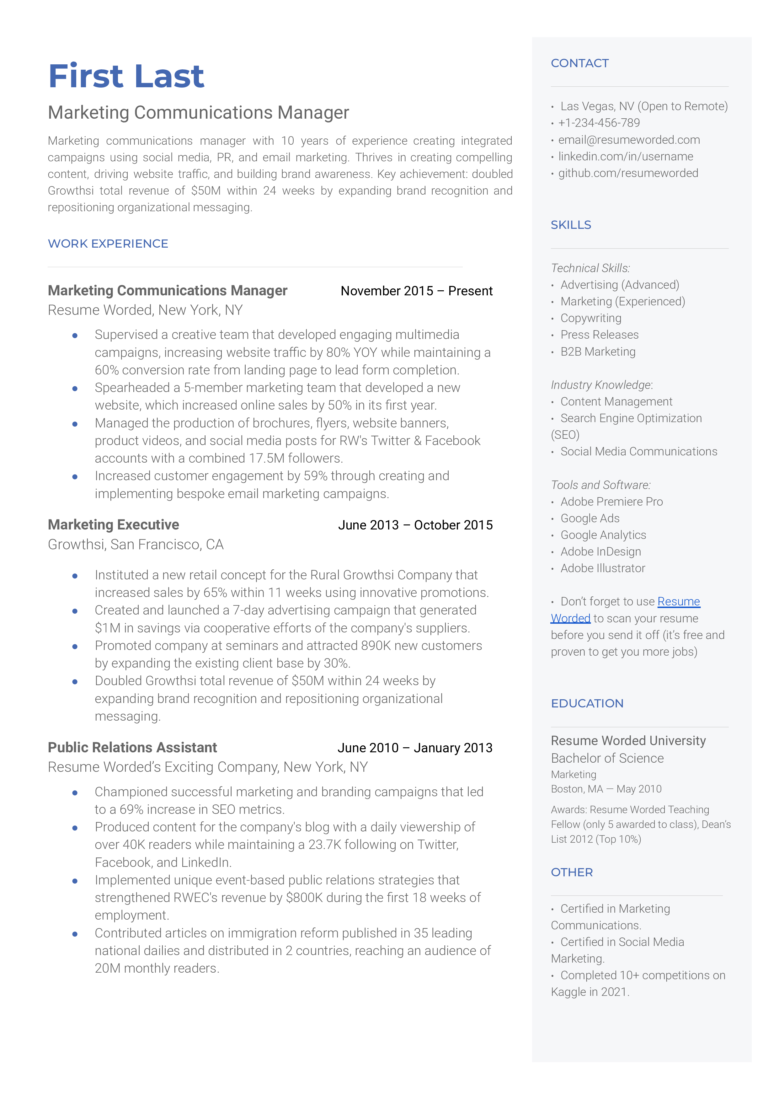 Marketing Communications Manager Resume Sample