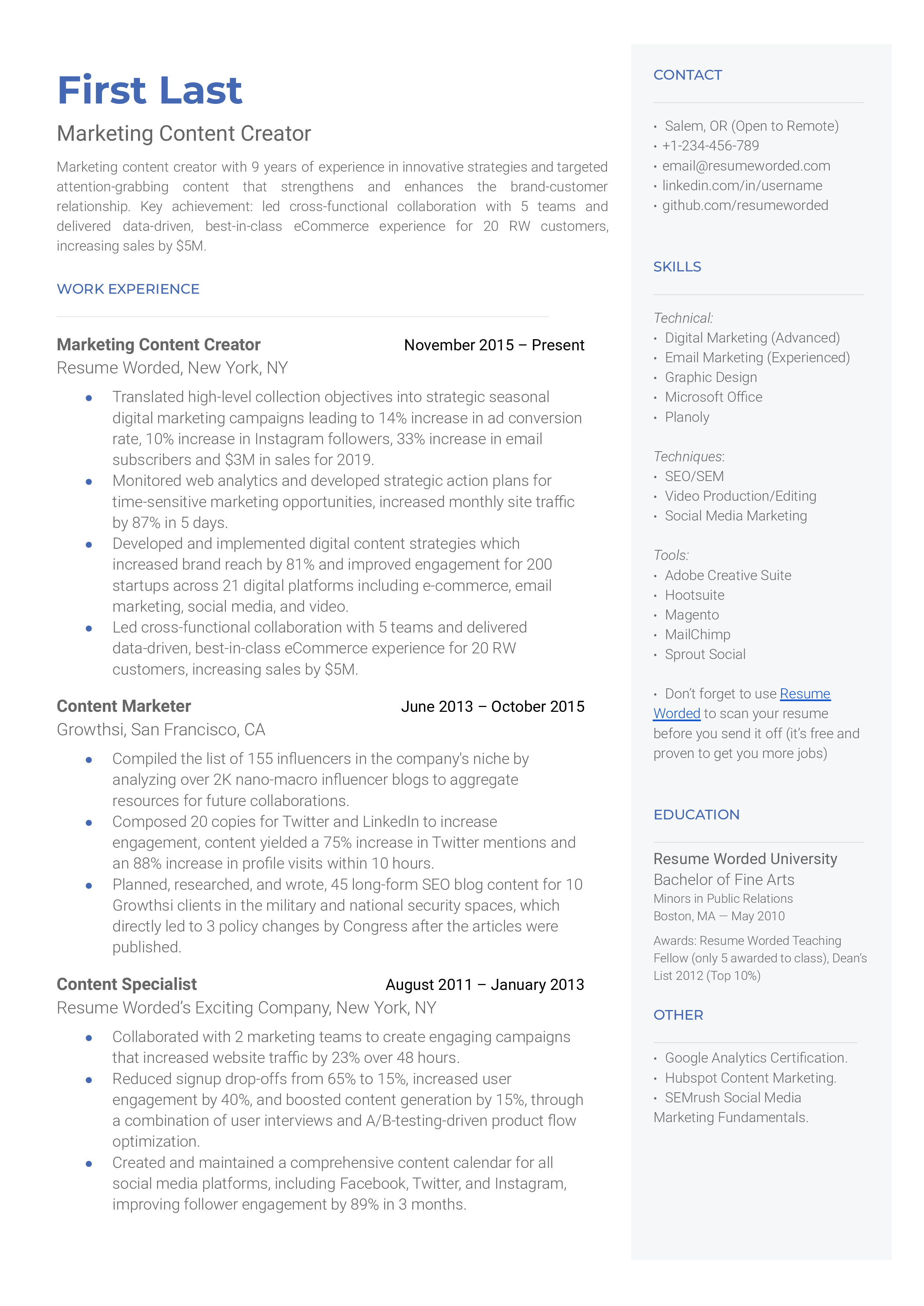 A professional and engaging CV layout showcasing skills, experiences, and results for a Marketing Content Creator role.