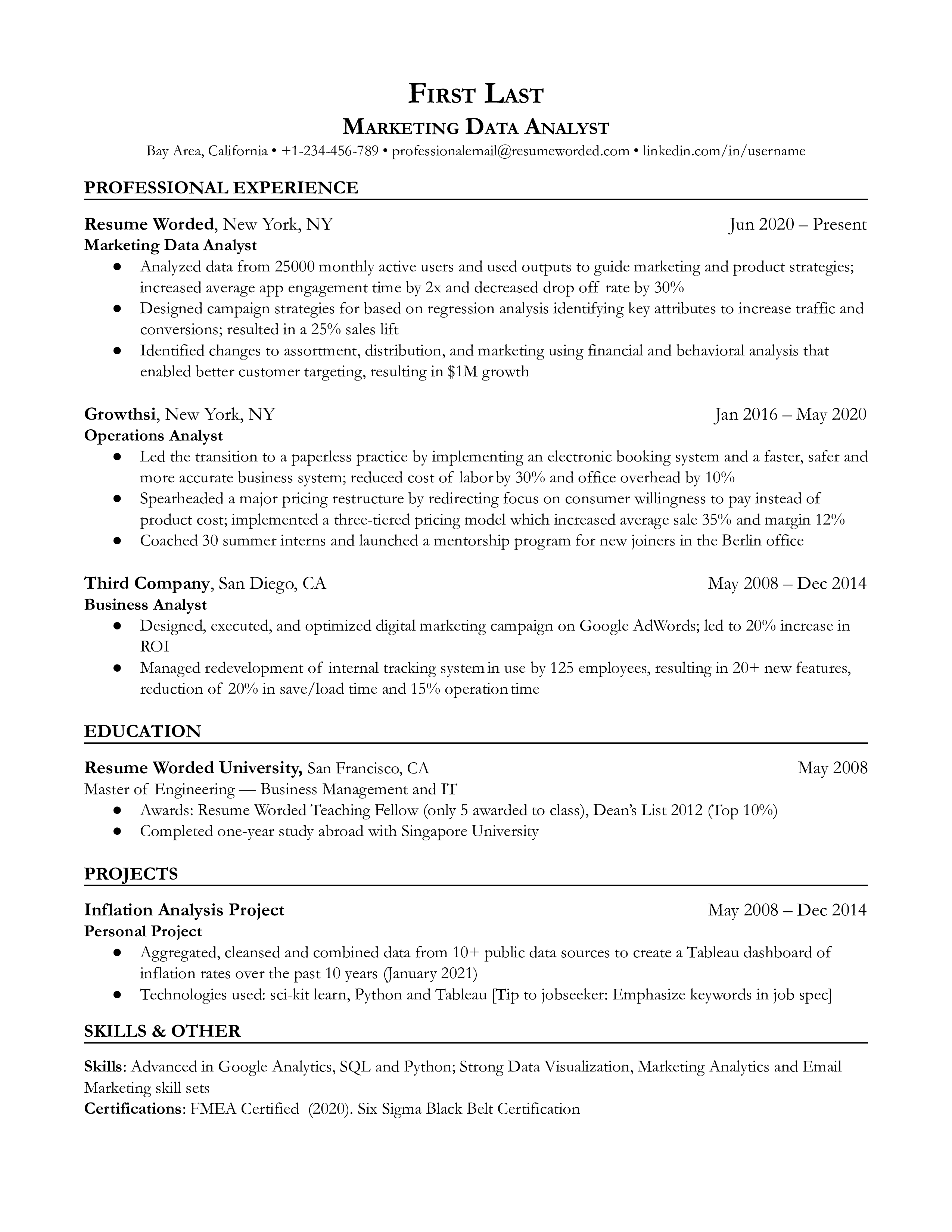 A CV of a Marketing Data Analyst highlighting technical skills and marketing understanding.