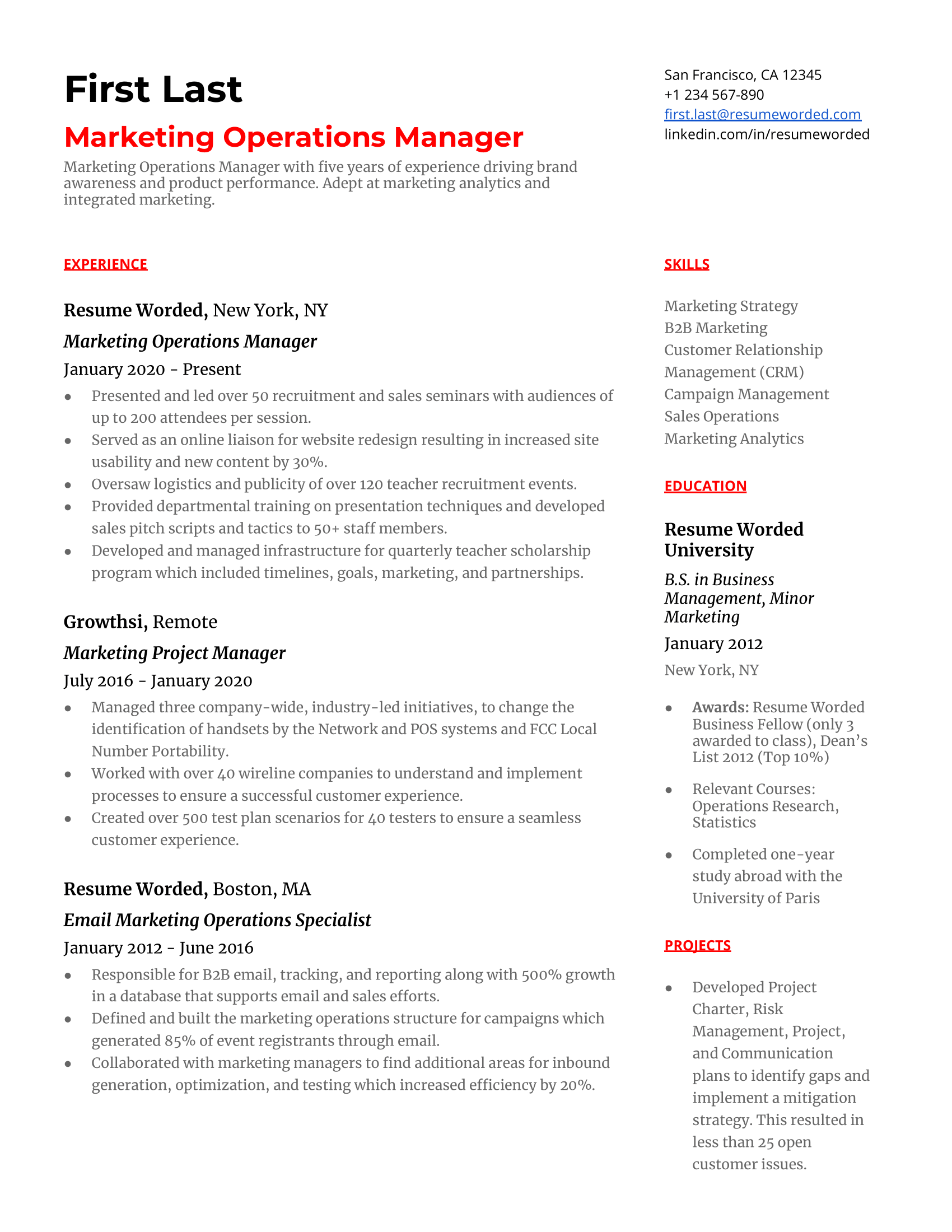 Marketing Operations Manager Resume Sample