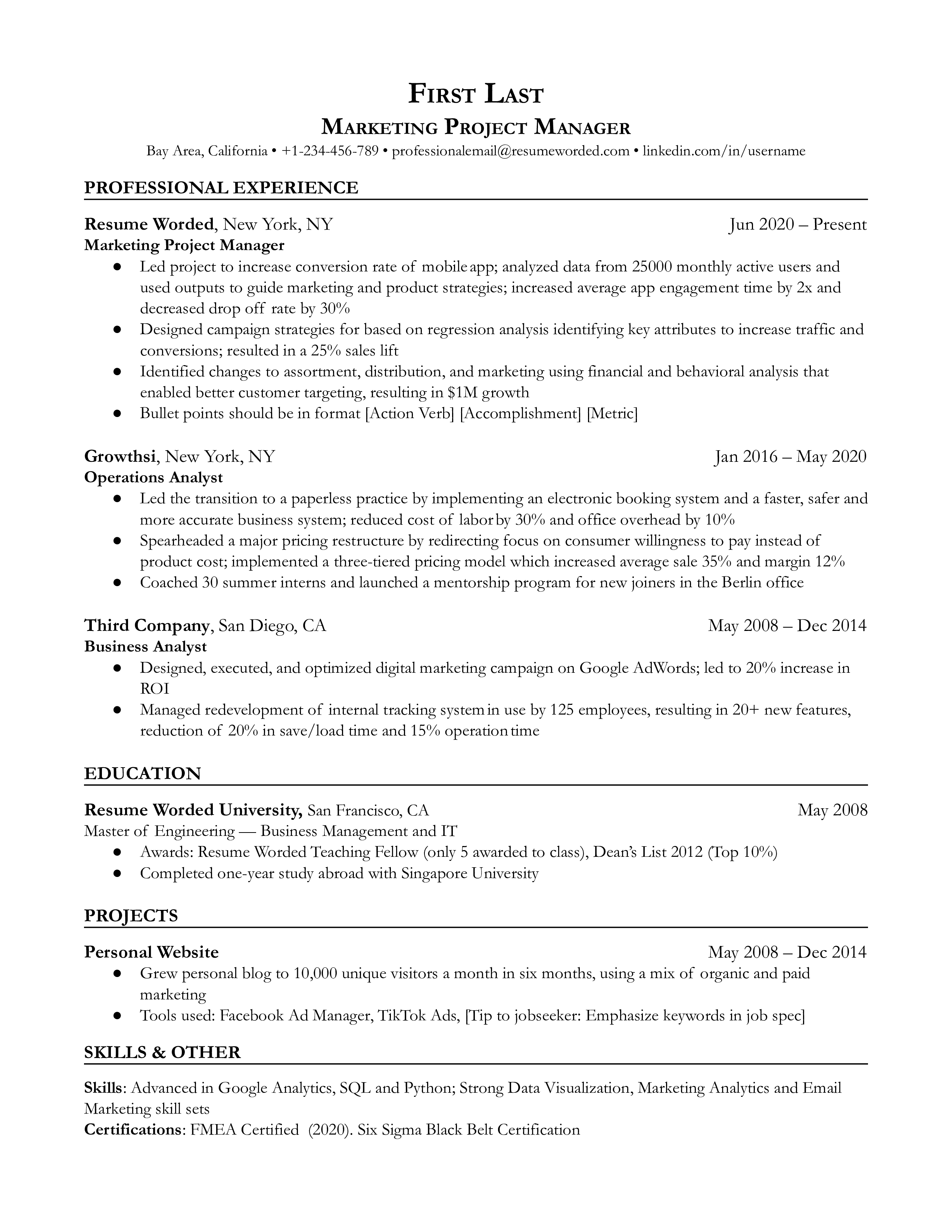Marketing project manager resume with bullet points, action verbs, skills, education, and projects