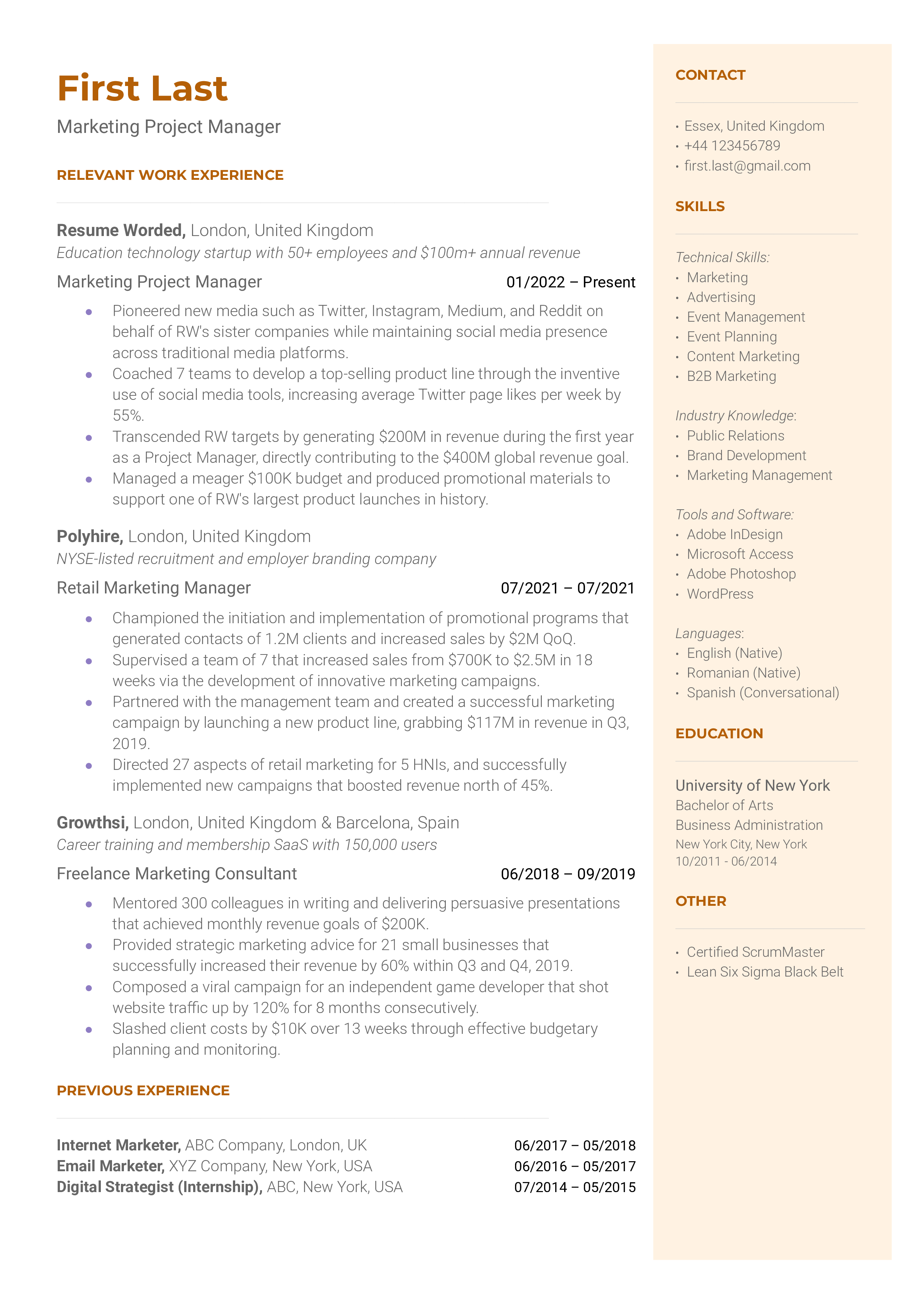 Screenshot of a Marketing Project Manager CV illustrating data analytics skills and cross-functional collaboration experiences.