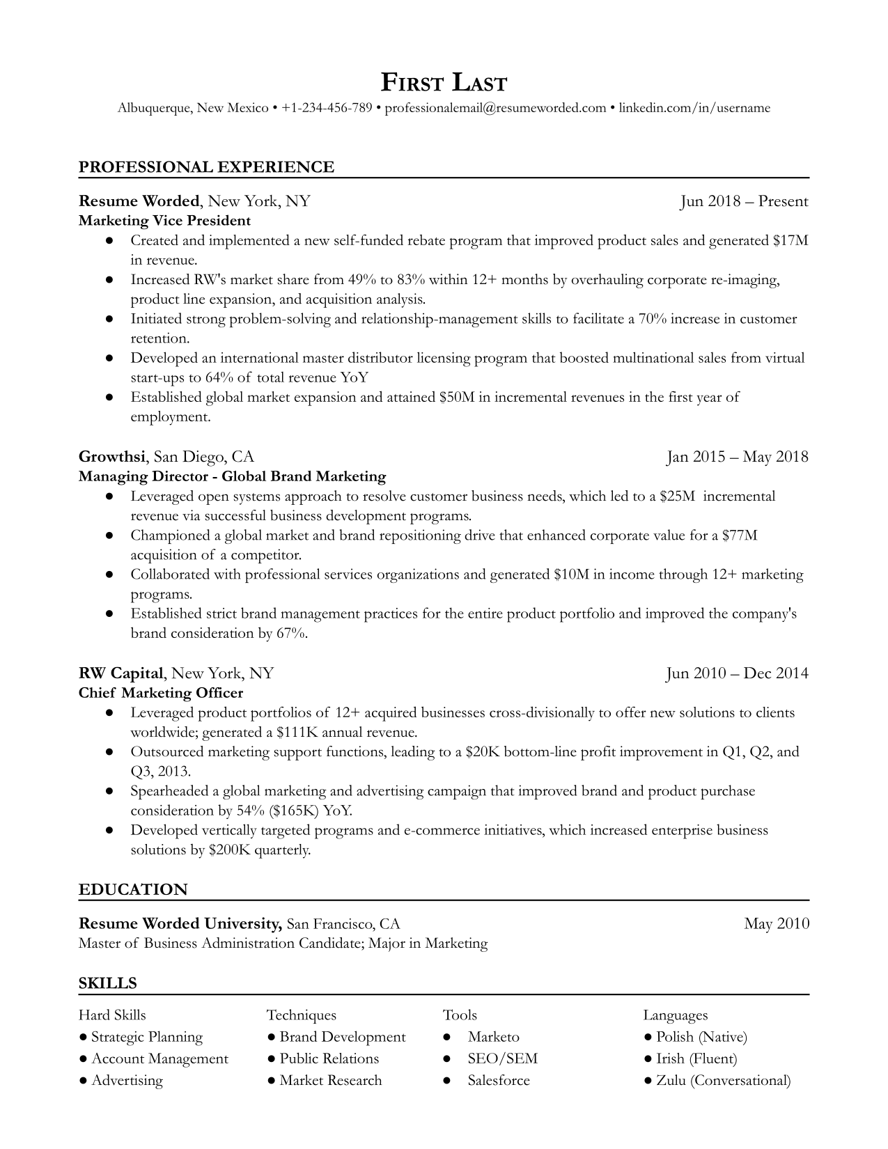 Marketing Vice President Resume Sample