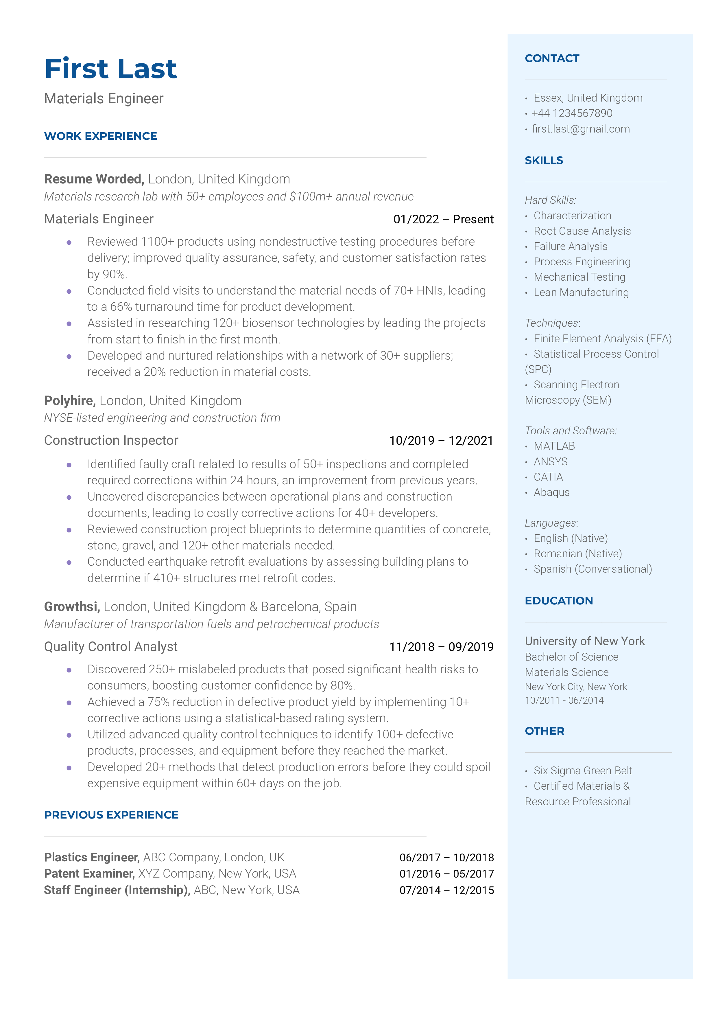 A materials engineer resume template highlighting engineering techniques.