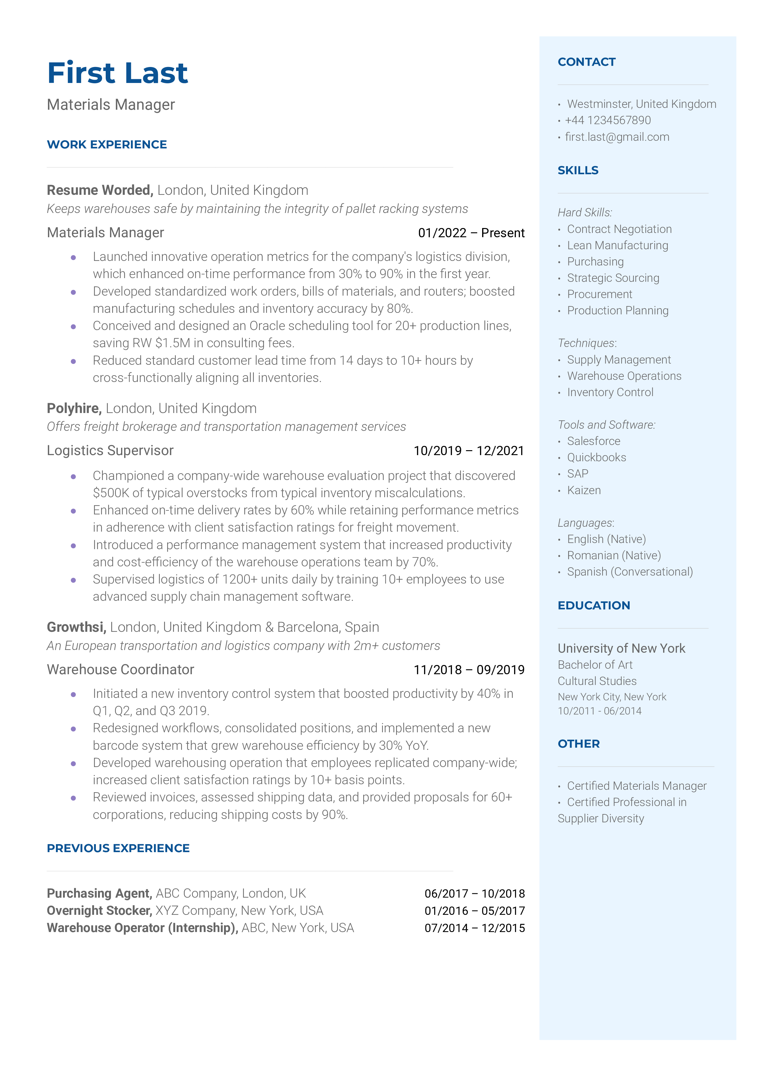 A materials manager resume template highlighting logistics experience.