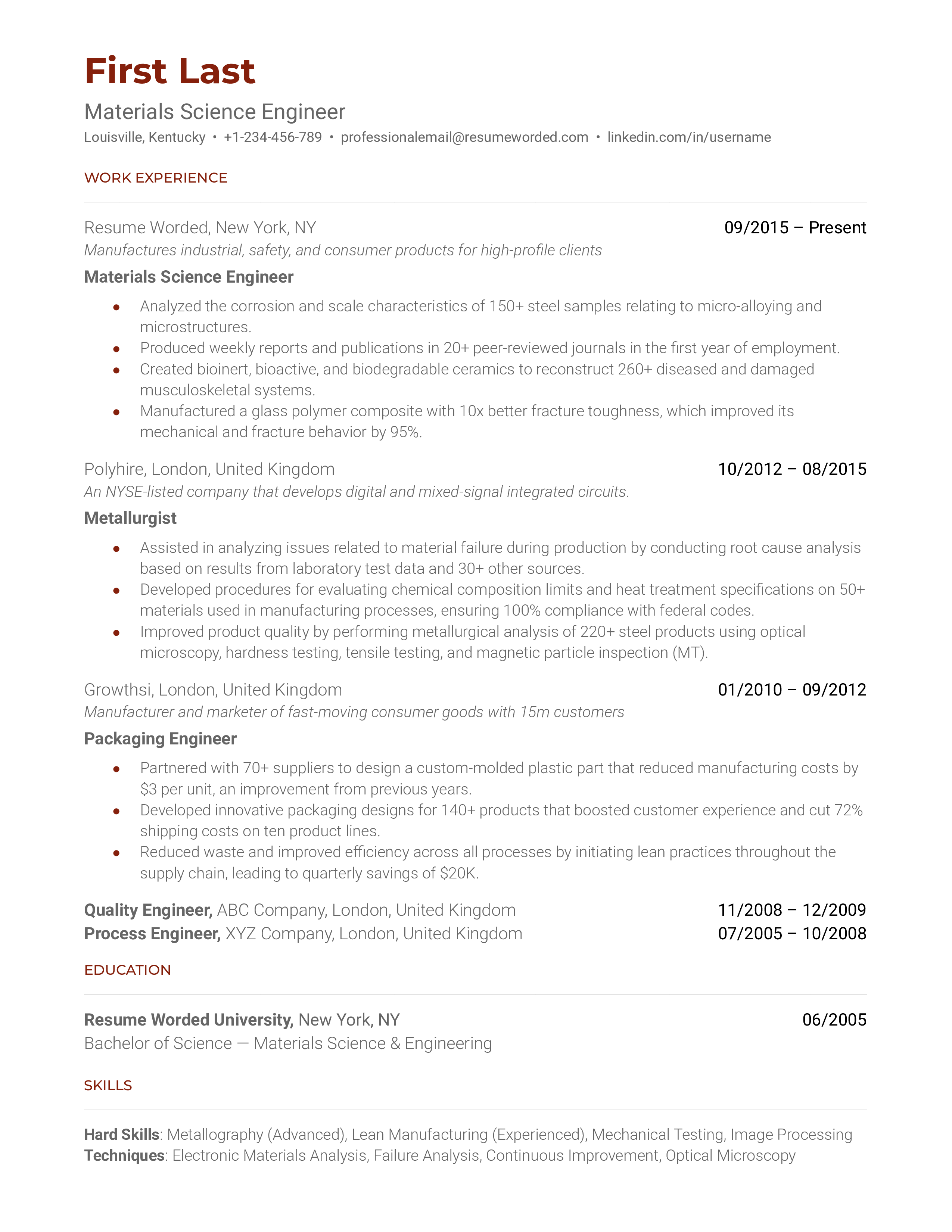 A materials science engineer resume template organizing experience chronologically.