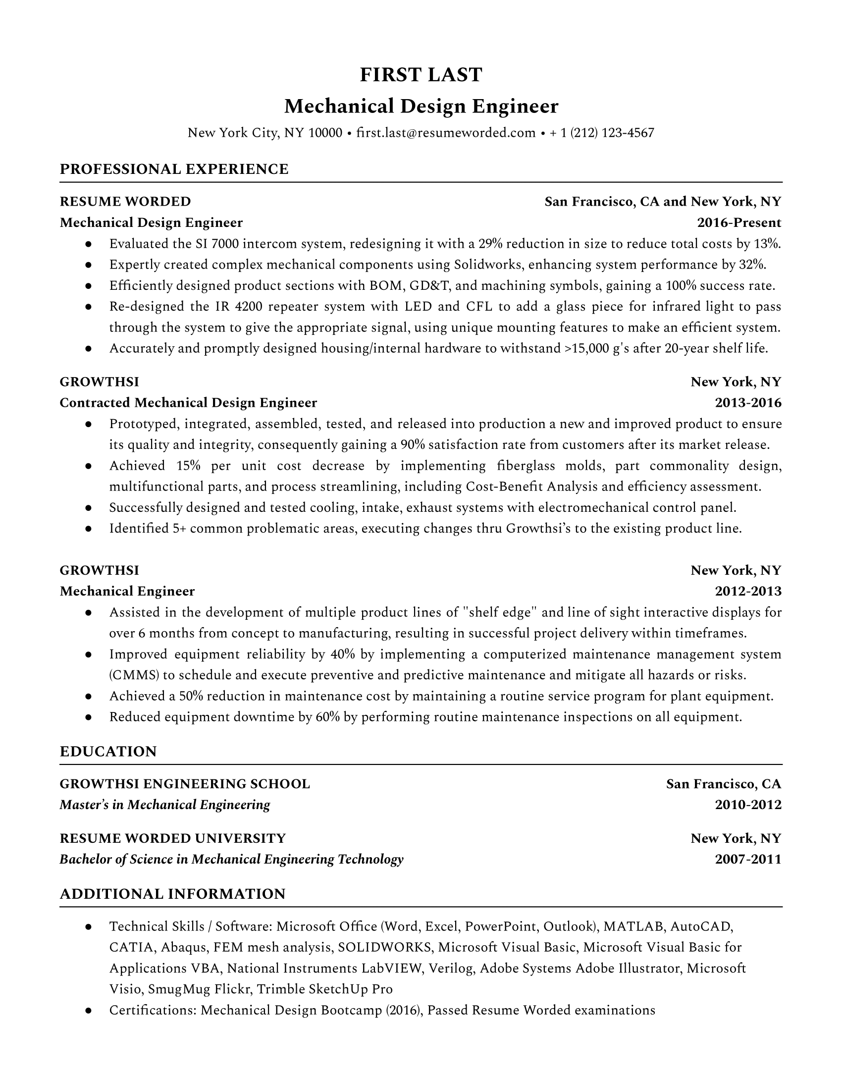 Mechanical design engineer resume with strong action verbs and skills section