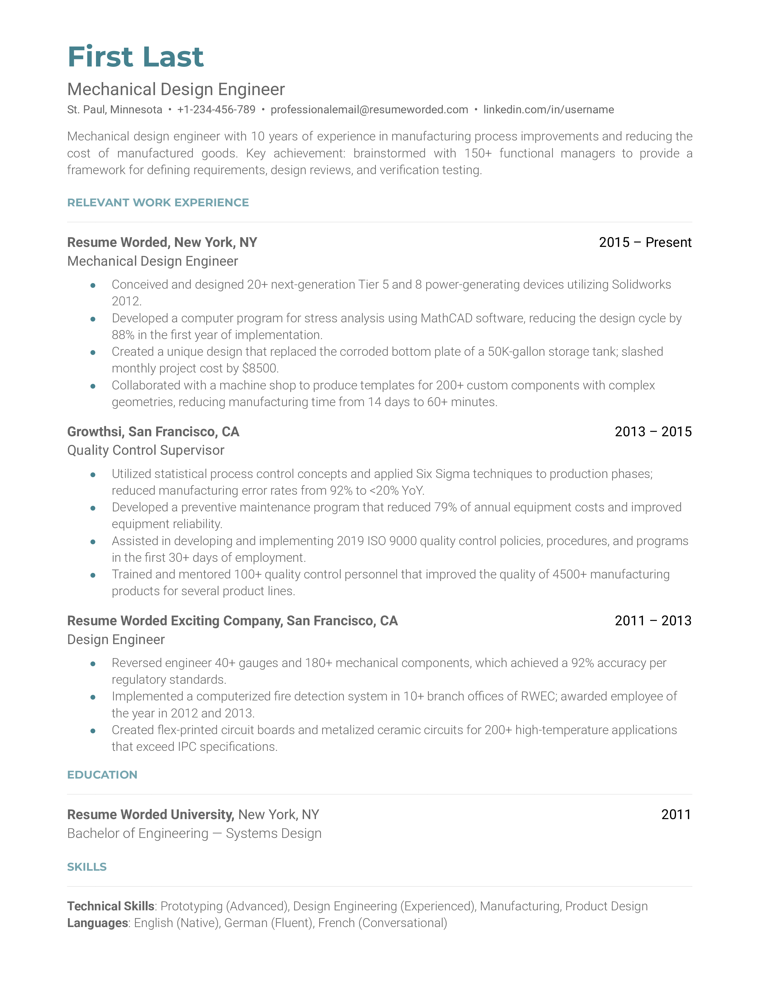 Mechanical Design Engineer Resume Examples for 2024 Resume Worded