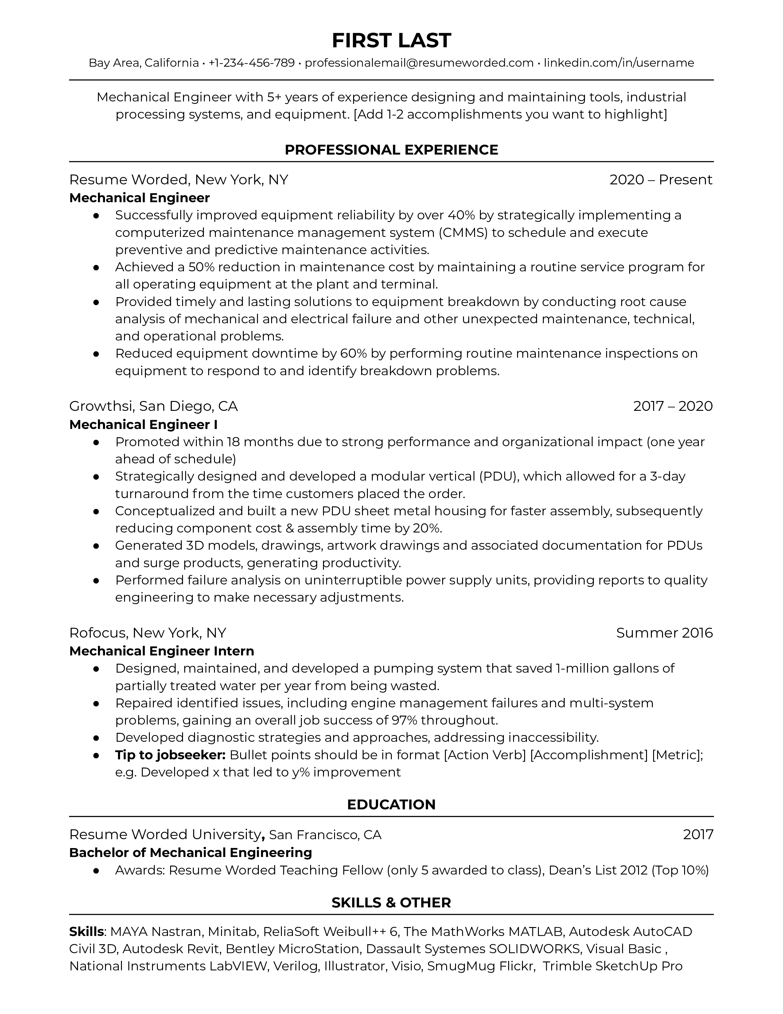 A resume for a mechanical engineer with a degree in mechanical engineering and experience as a mechanical engineer intern.