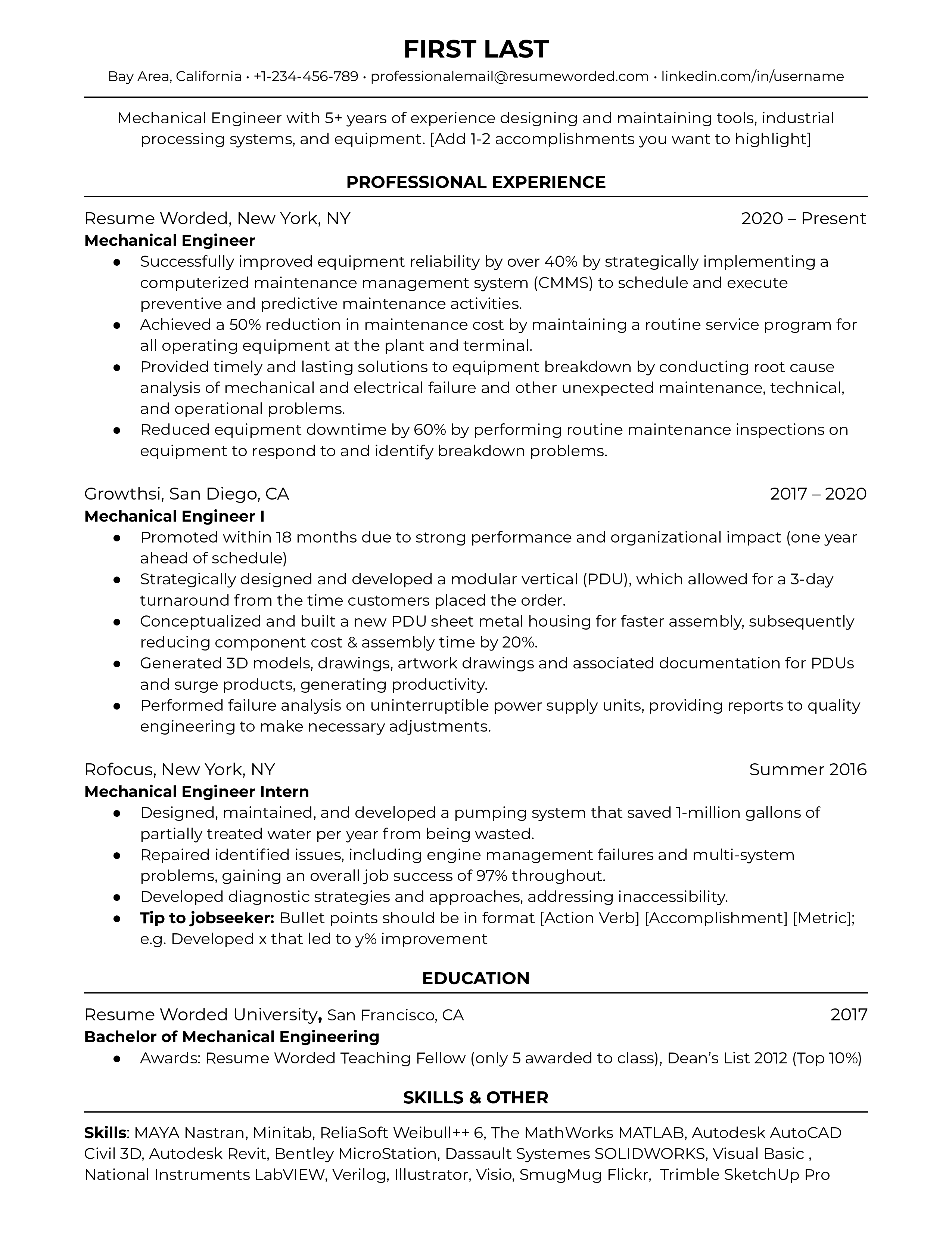 Mechanical engineer resume with hard skills section and measurable accomplishments