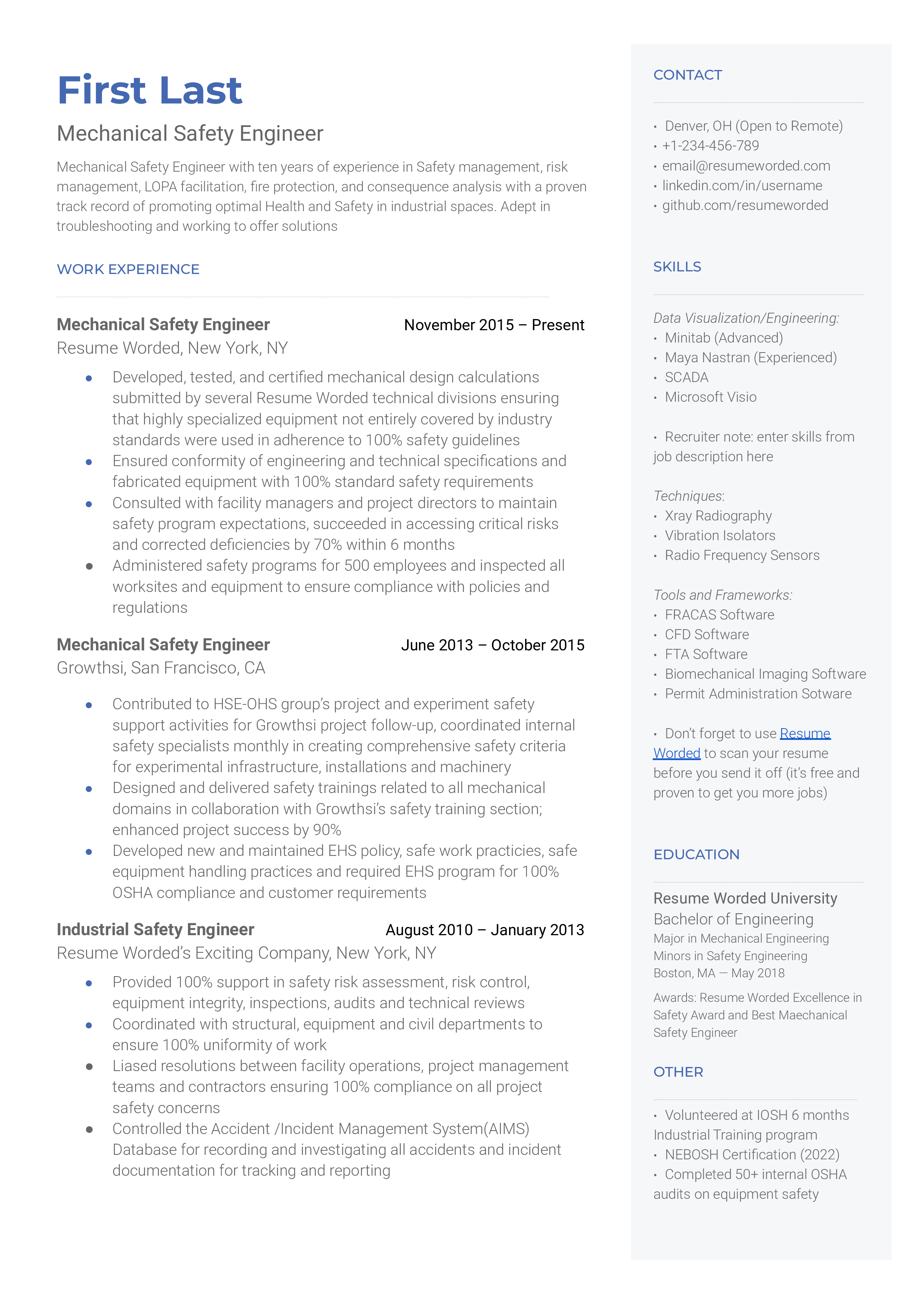 A mechanical safety engineer resume template that uses strong action verbs